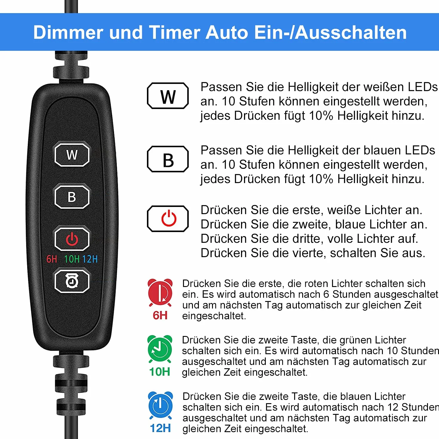 VARMHUS LED Acquario con Timer,Lampada Acquario con 3 modalità di luce dimmebili,10 livelli di luminosità,Luce Acquario Impermeabile,Aquarium Light per Piante Acquatiche (Blu+Bianco 28cm)