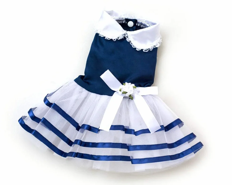 Vestito da principessa a righe per cani di piccola taglia in raso, taglia XL, blu