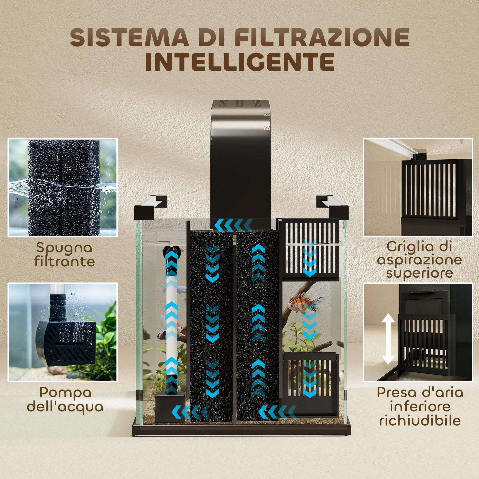 PawHut Acquario in Vetro Temperato 24L, Acquario Completo Piccolo Trasparente con Filtro Integrato, Luce LED e Pompa dell'Acqua per Pesci Tropicali, Pesci Rossi, Casa, Ufficio, 45x25x25.5 cm, Nero