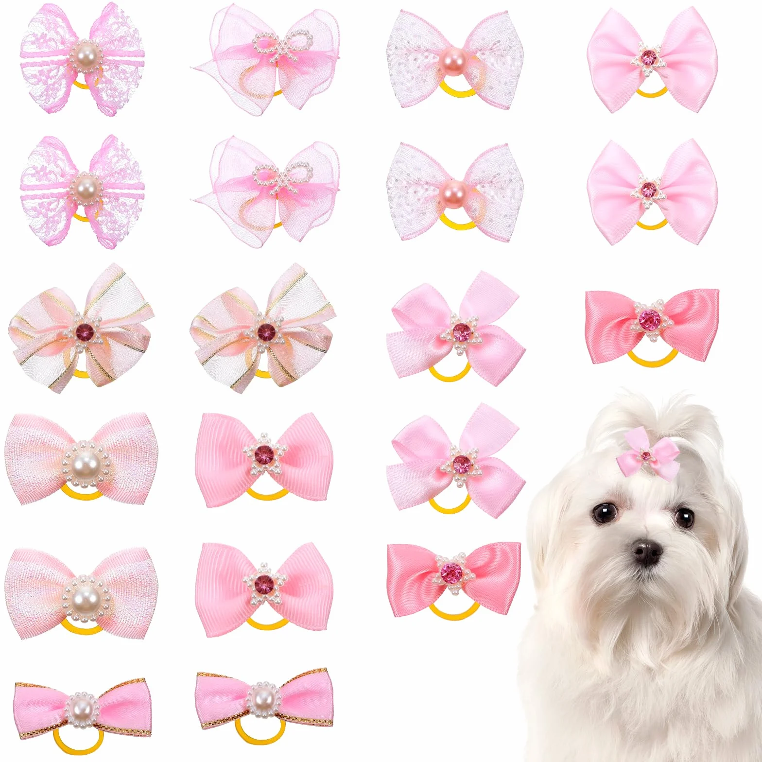 Fiocchi per cani piccoli e carini con elastici in pizzo strass perle accessori capelli idea regalo (rosa)