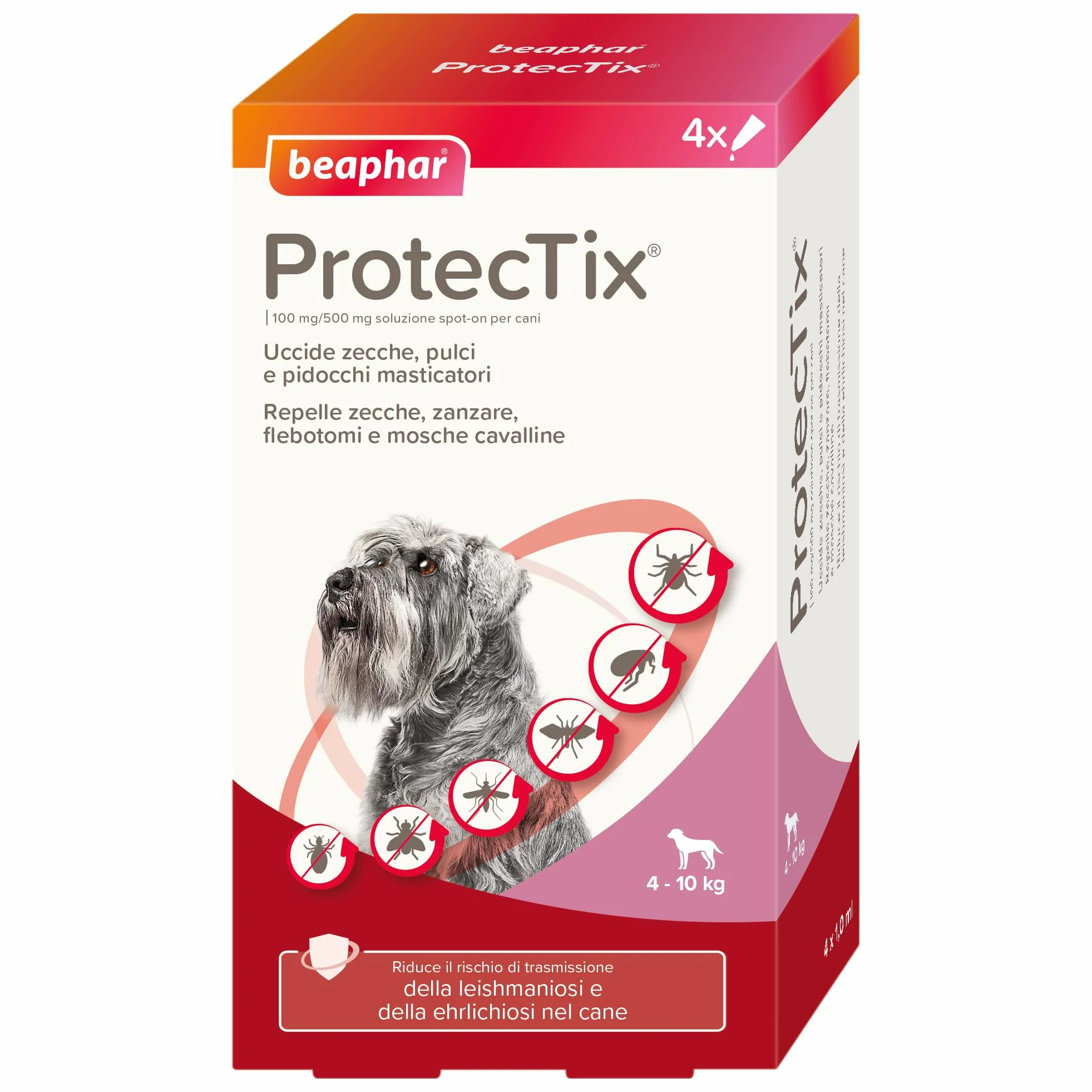 Beaphar ProtecTix Cane, Antiparassitario Spot-On per Cane Piccolo (4-10 Kg), Riduce il Rischio di Leishmaniosi, Contro Zecche, Pulci e Pidocchi, Confezione 4 Pipette da 1 ml