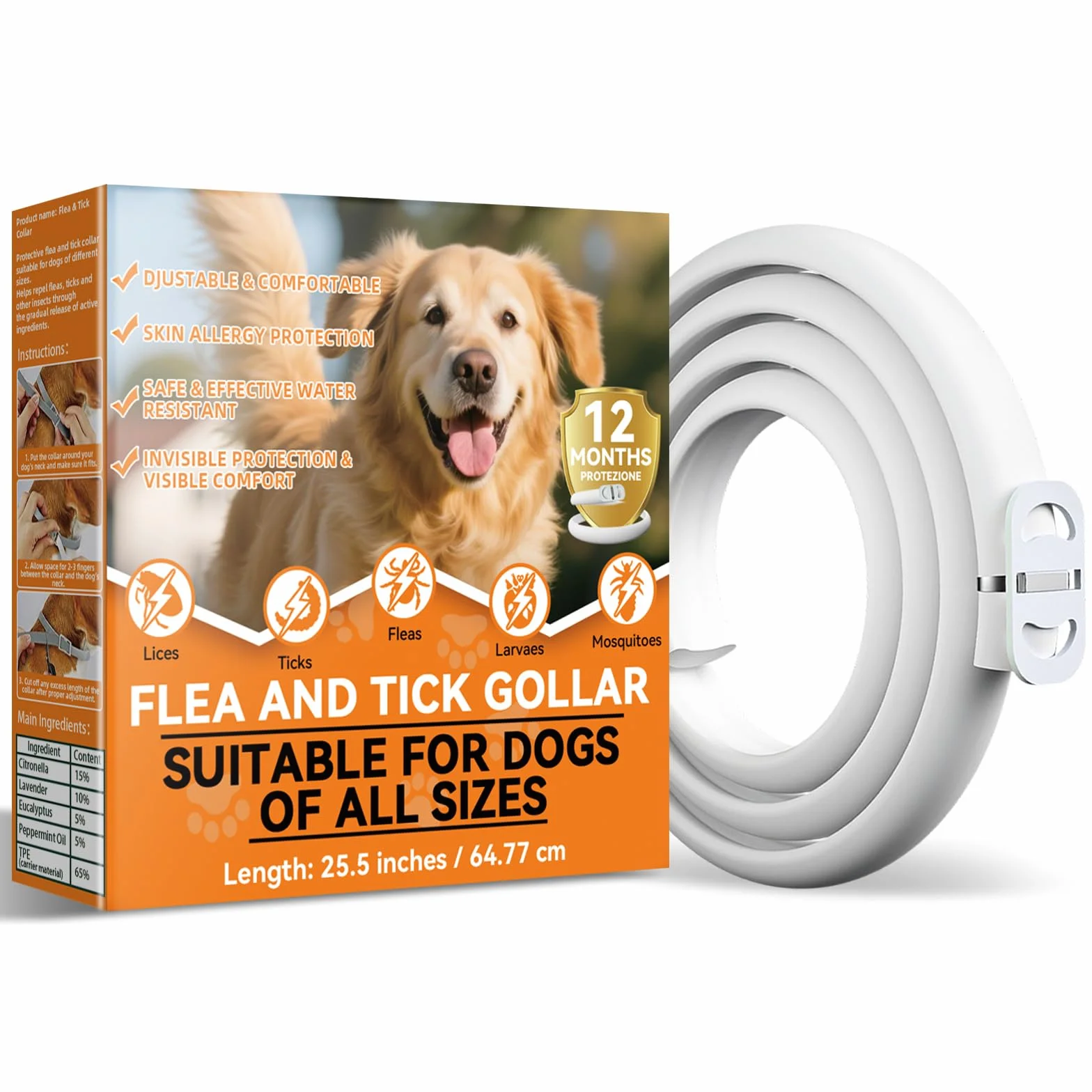 Collare Antiparassitario per Cani, Regolabile e Impermeabile con Protezione Naturale, 65cm Adatto a Tutte le Taglie, Protezione Efficace per 12 Mesi (1 Pack)