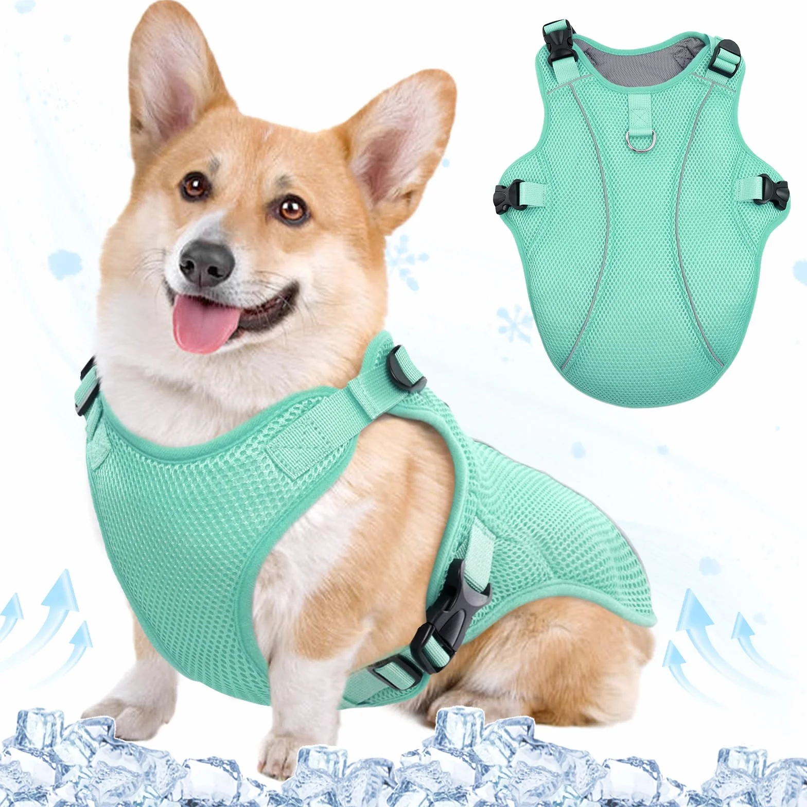 Kuoser Gilet di raffreddamento per cani, cappotto fresco traspirante per cani, imbracatura di raffreddamento riflettente per cani, verde, S