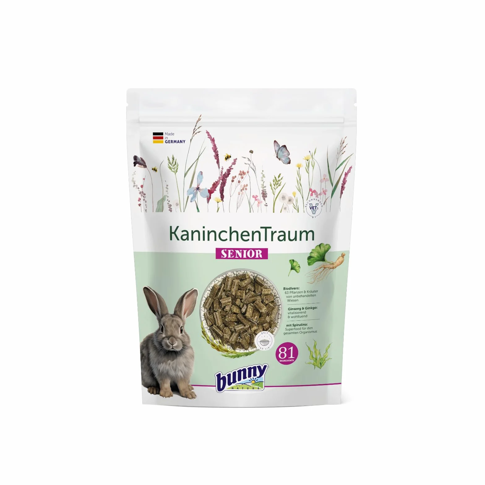 bunnyNature Coniglio Sogno Senior | 1,5 kg | Alimento completo per brocca a partire dai 6 anni | Con 42 diverse piante di prati non trattati | mix di 3 fibre