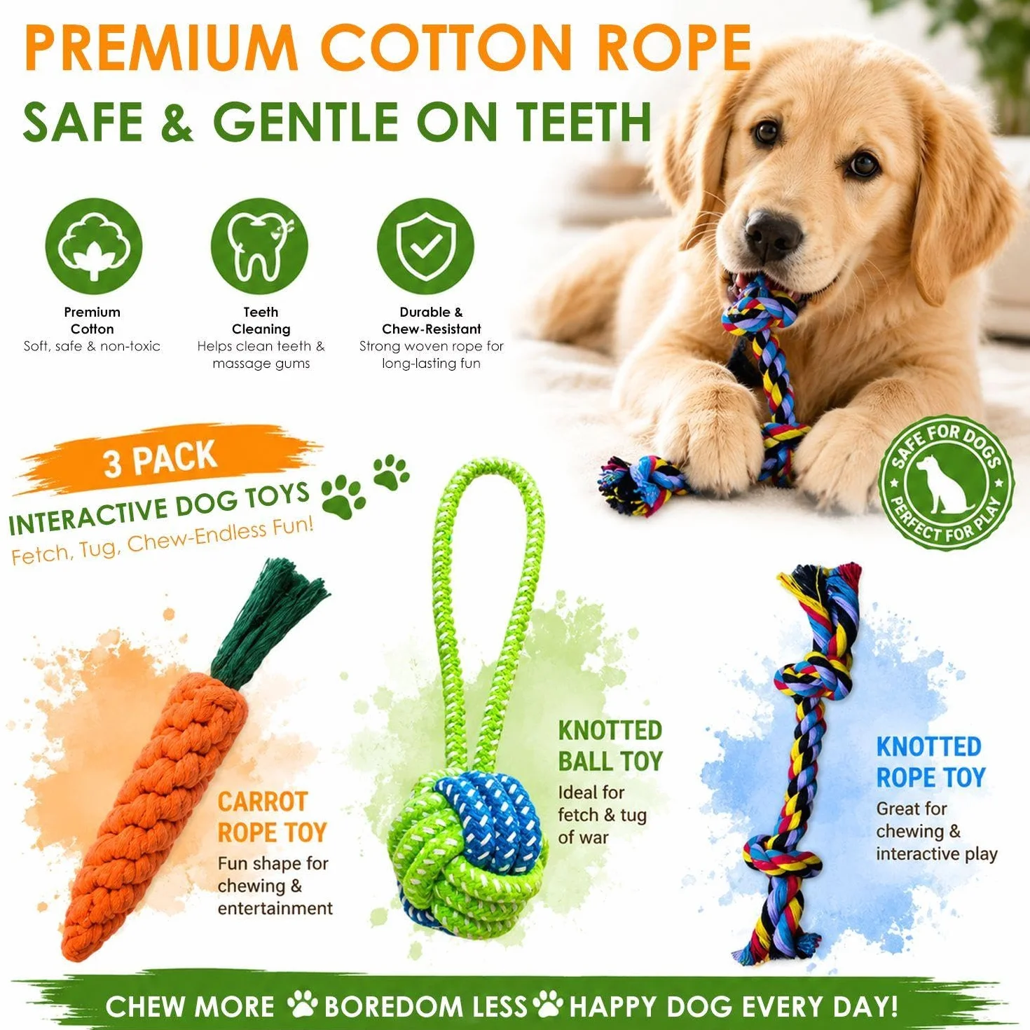 3 Pezzi di Corda per Cani, Resistente A Mordere E Digrignare I Denti, Non Facile da Rompere, Adatto per L'Uso Quotidiano di Cani di Diverse Dimensioni.