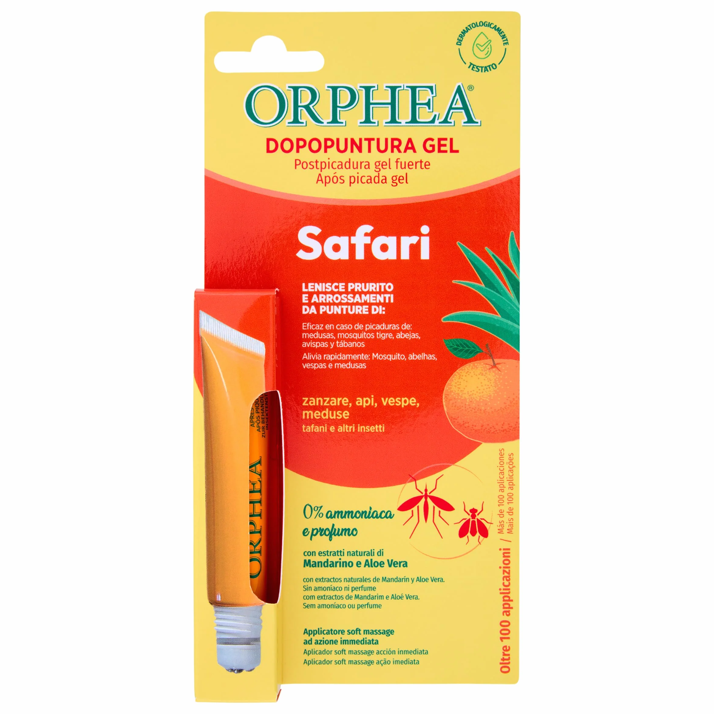 Orphea, Gel Dopopuntura, Safari Formula, con Applicatore di Roll on, Azione Immediata Contro Punture Di Zanzare, Vespe e meduse, Senza Ammoniaca e Alcohol, Con Estratti Naturali, 10ml