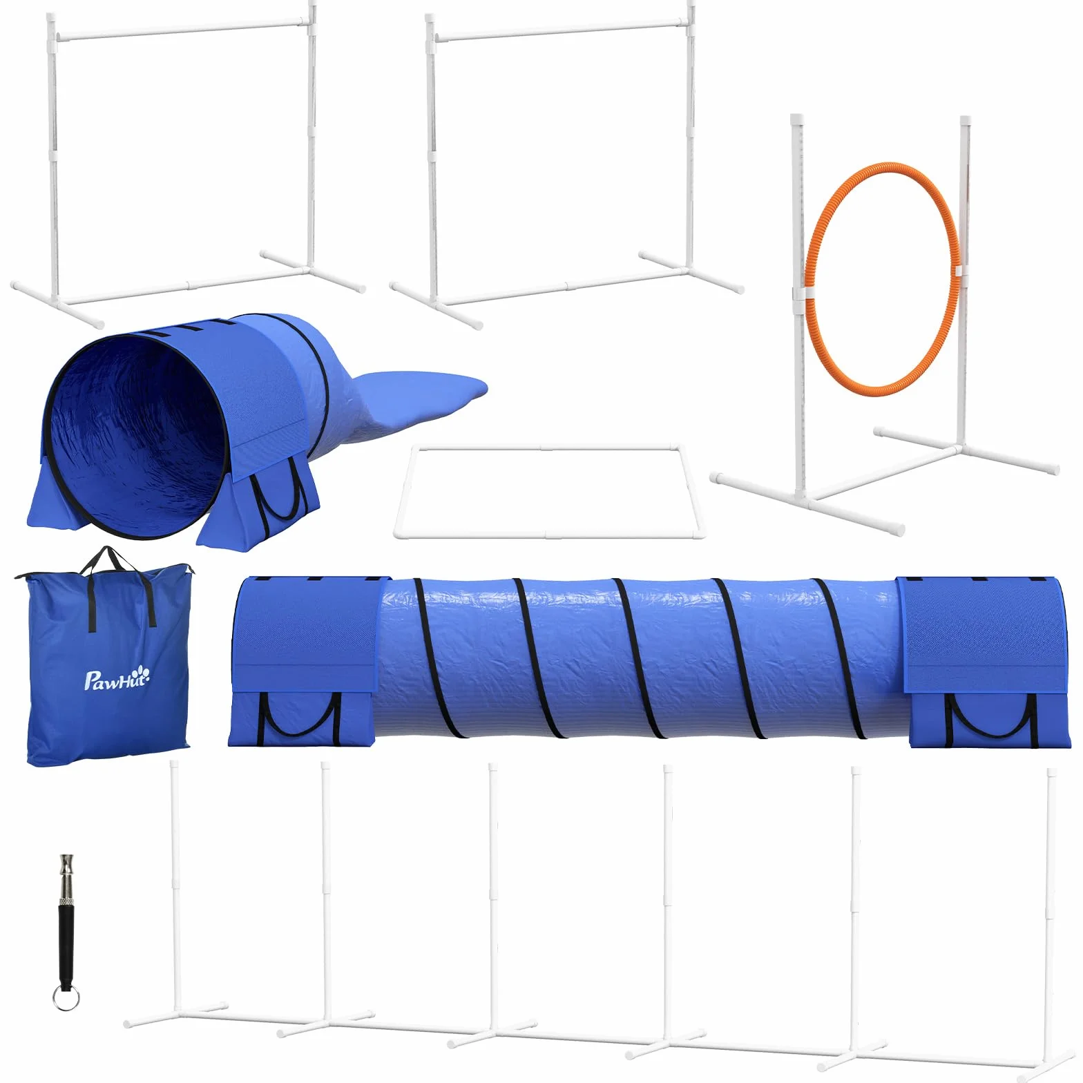 PawHut Set Agilty Dog 7 Pezzi con Fischietto, 2 Picchetti e 3 Sacchi di Sabbia, Percorso Agility Dog in Plastica e ABS con Borsa da Trasporto, 67x63x93 cm, Bianco Arancione Blu