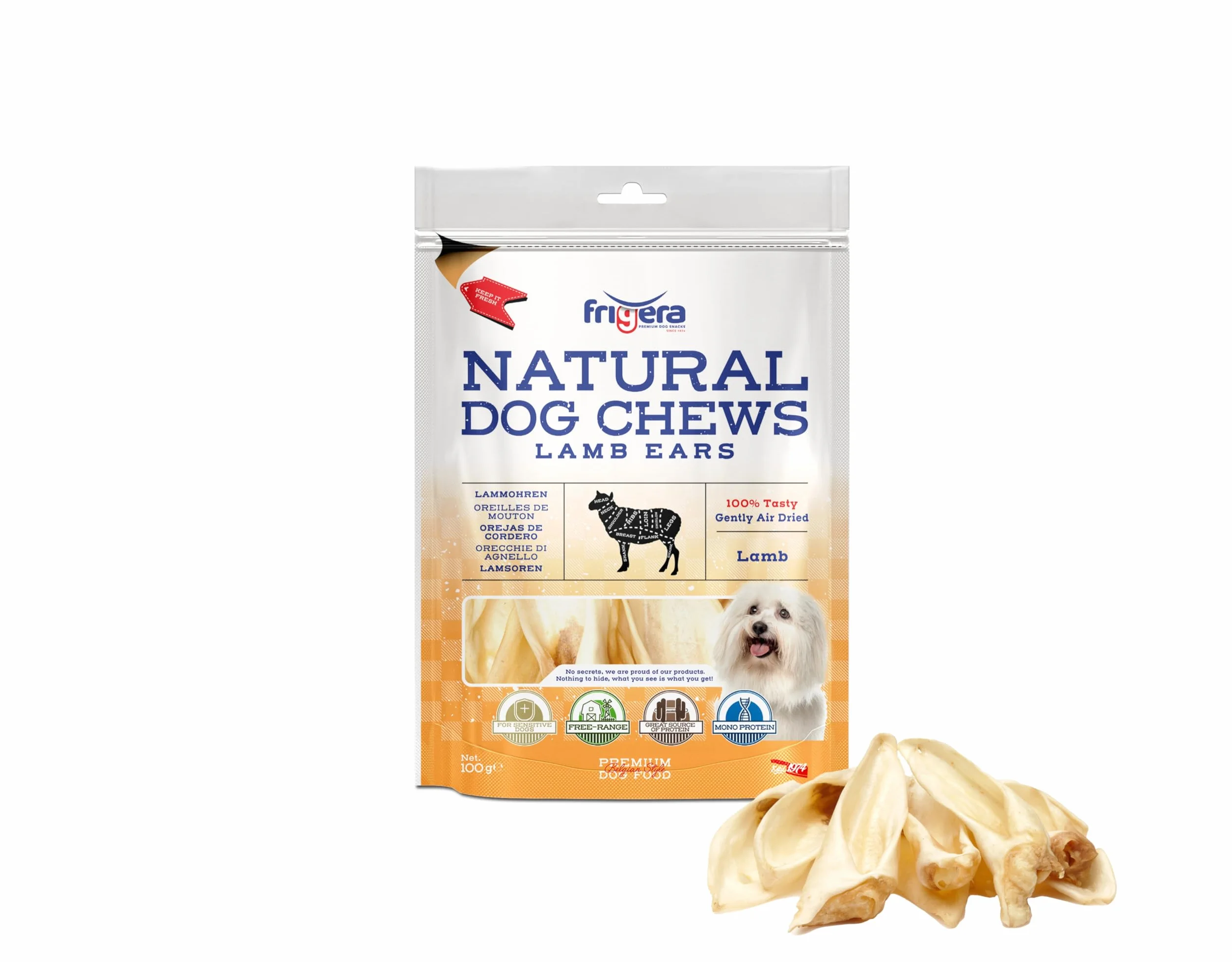 Frigera Lammohren, 100 g, naturali ricchi di proteine, per cani, senza glutine e cereali