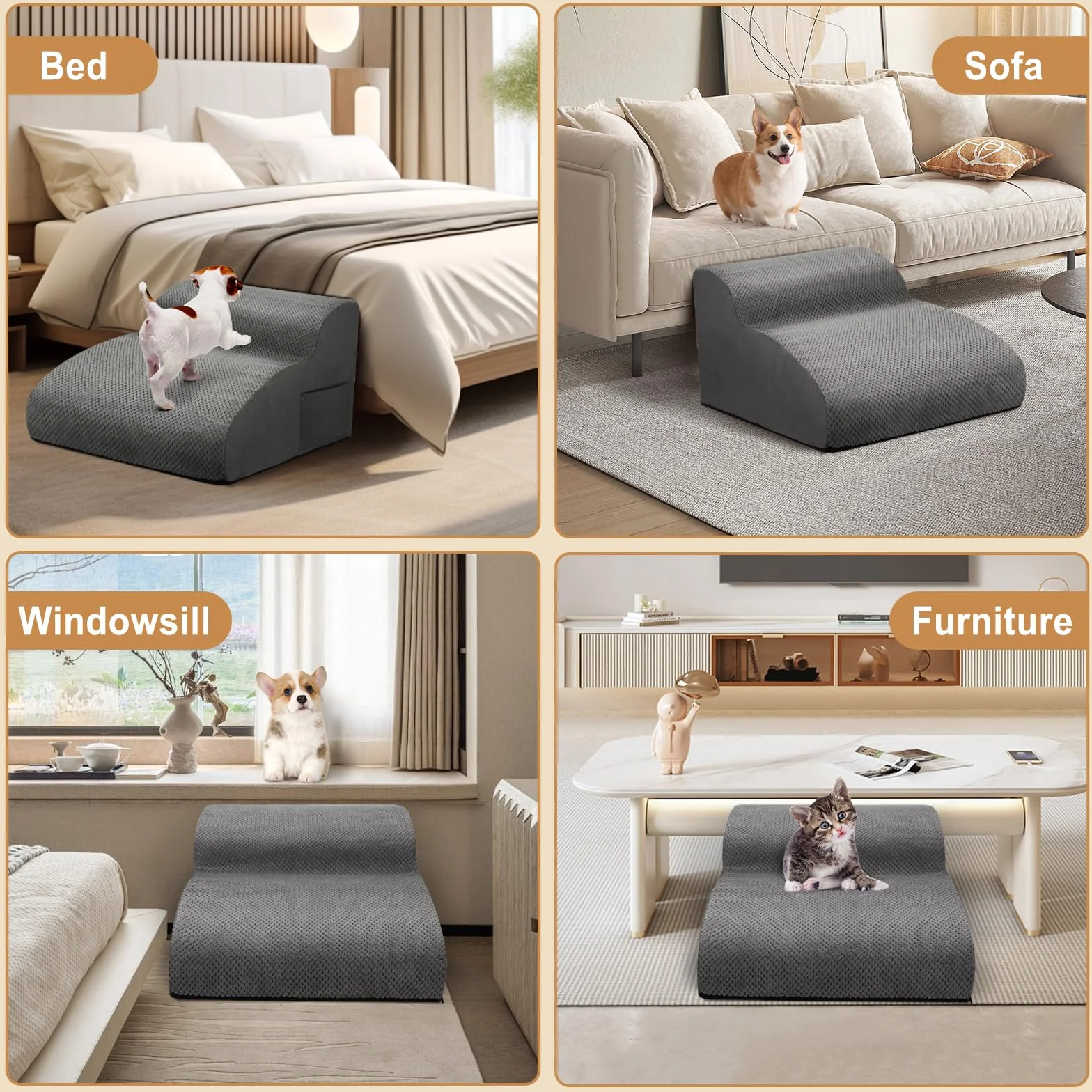 Scaletta per Cani 2 Gradini, Scale Per Animali Domestici, Rampa per Cani con Rimovibile Copertura