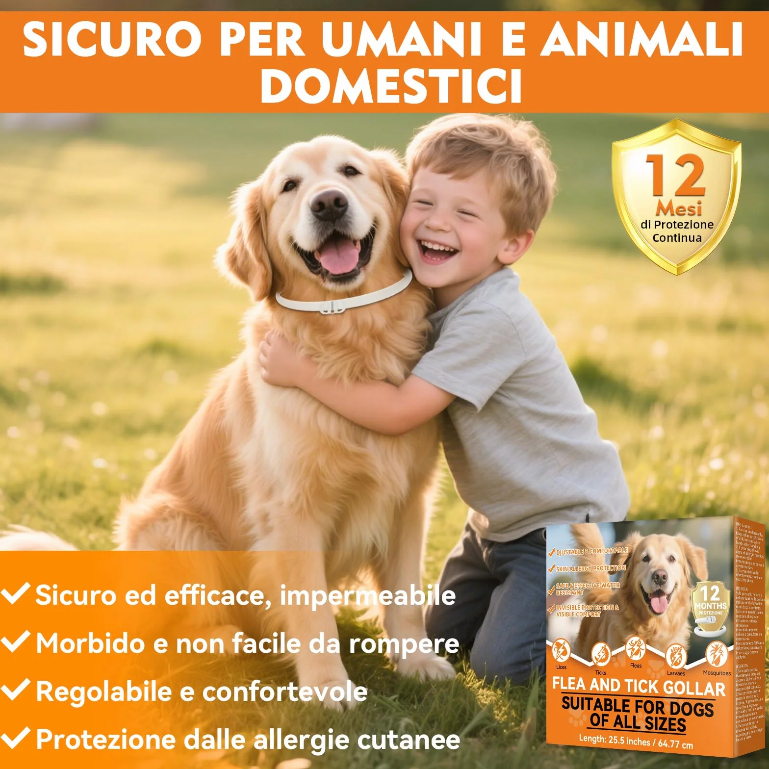 Collare Antiparassitario per Cani, Regolabile e Impermeabile con Protezione Naturale, 65cm Adatto a Tutte le Taglie, Protezione Efficace per 12 Mesi (1 Pack)