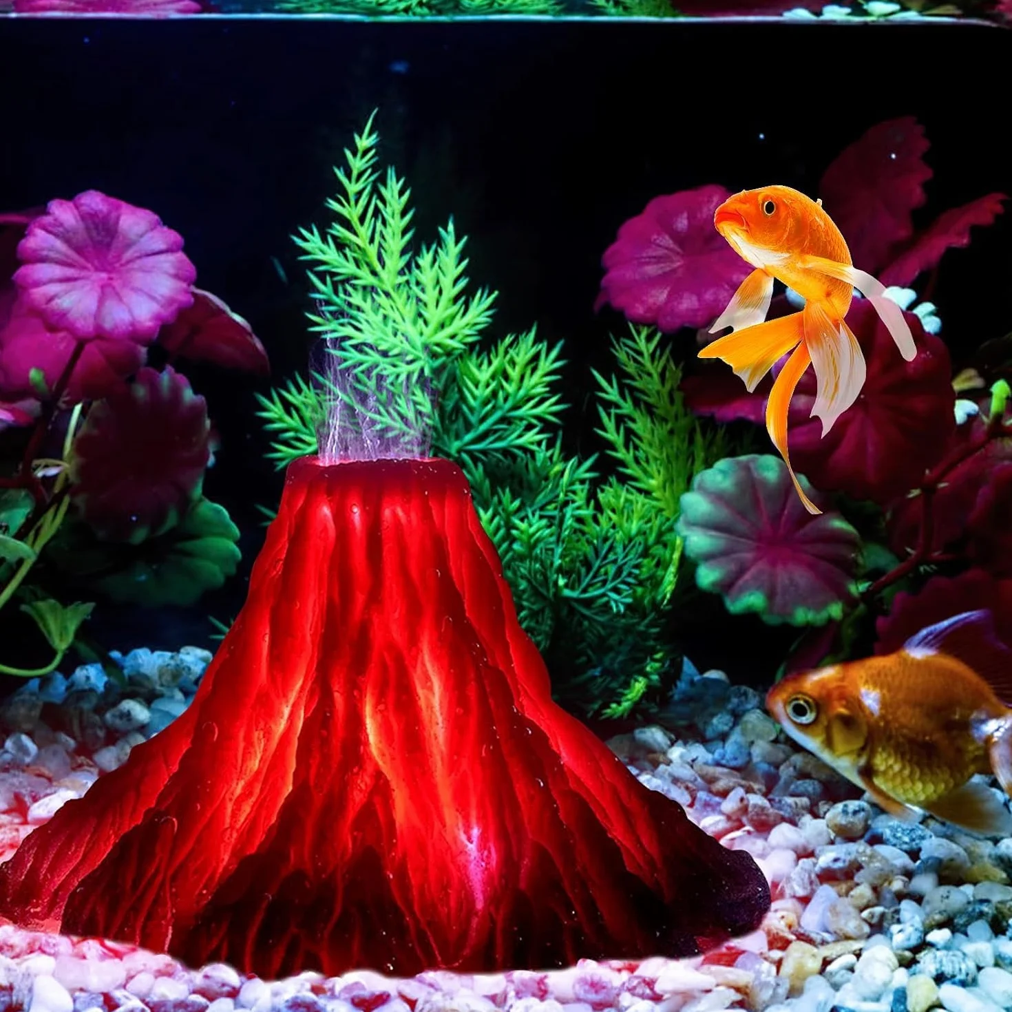 BORDEAG Kit di Ornamento Vulcano per Acquario con Illuminazione LED, Pietra Vulcanica