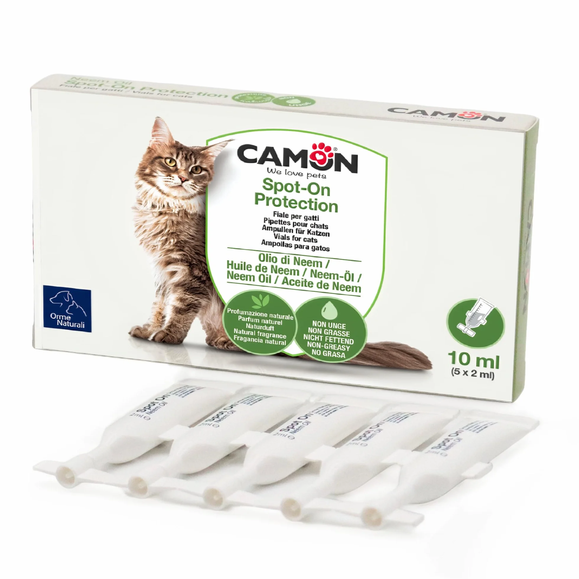 CAMON | Spot-On Protection Gatto, 5 Fiale da 2ml con Olio di Neem e Aminoacidi, Protezione Naturale