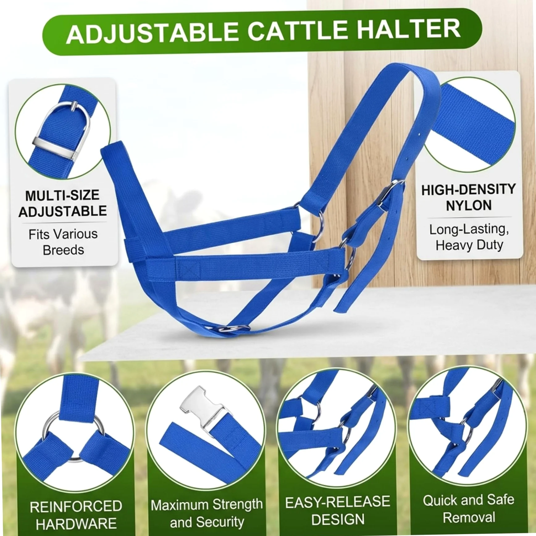 Capezze, 2 pezzi Capezza per mucche Capezza regolabile per polpacci con corda principale Cavezze per bovini in nylon resistente per cavallo/asino/capra/bovino