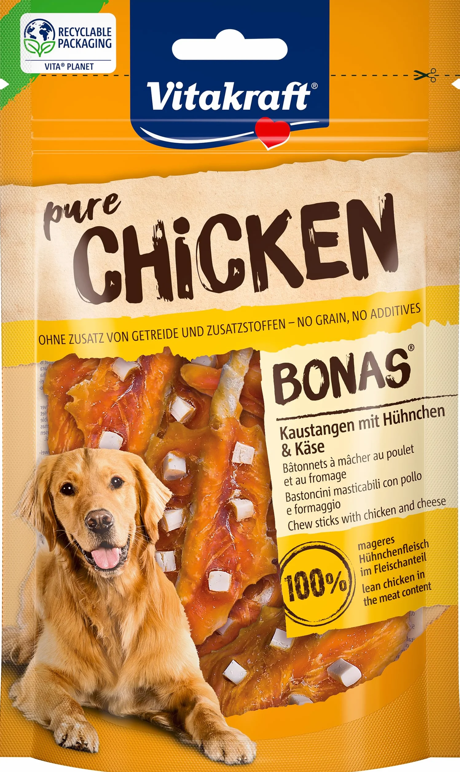 Vitakraft Pure Chicken Bonas, snack cane, bastoncini da masticare con pollo e formaggio, snack per l’addestramento del cane, senza zuccheri aggiunti (7x 80g)