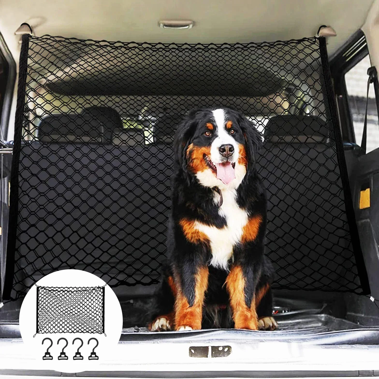 GOMETY Griglia di protezione per auto, rete di separazione per cani, 120 x 90 cm, doppio strato di polipropilene con 4 ganci, rete universale per cani di sicurezza per animali domestici, divisorio