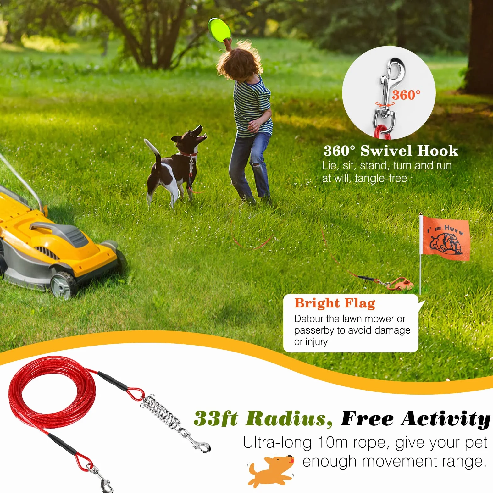 VavoPaw Picchetto a Spirale con Guinzaglio da 10m, Paletti per Catene per Cani in Acciaio Inossidabile Kit Guinzaglio per Cani fino a 45KG Ancoraggio a Terra per Esterno, Cortile, Campeggio, Rosso