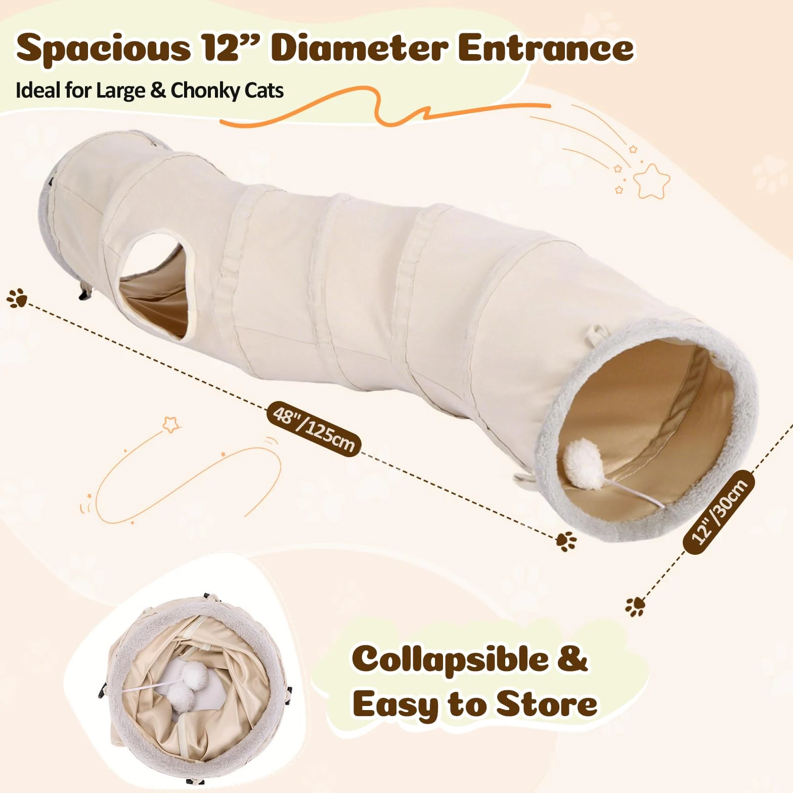 Ownpets Tunnel per gatti a forma di S con palline sospese, 30 x 125 cm, tubo pieghevole a 2 vie per gattini | Tessuto scamosciato, tunnel extra largo 30 cm, adatto a gatti di tutte le dimensioni, per interni ed esterni