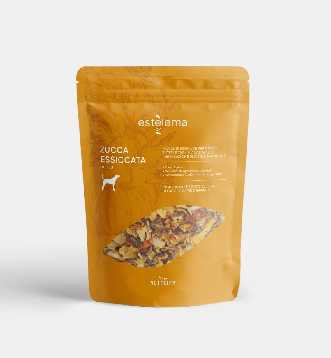 Zucca disidratata a pezzi per cani 400 g – 100% naturale, senza additivi – Snack sano BARF – Doypack richiudibile