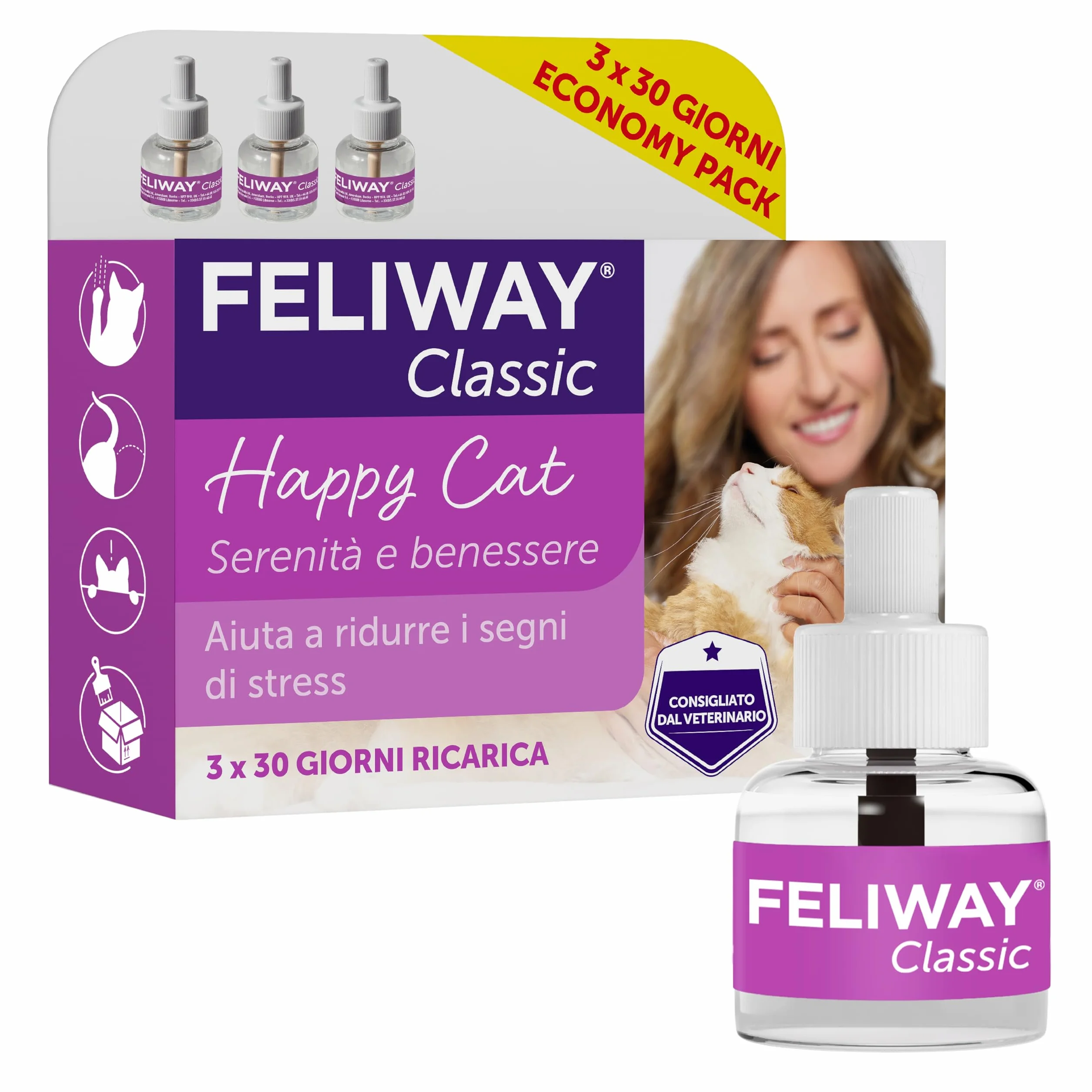 FELIWAY Classic 3x30 Giorni di Ricariche Calmanti per Diffusore di Feromoni, Confezione da 3x48 ml – Aiuta a risolvere i segni comuni di stress nei gatti e gattini, Raccomandato dai Veterinari