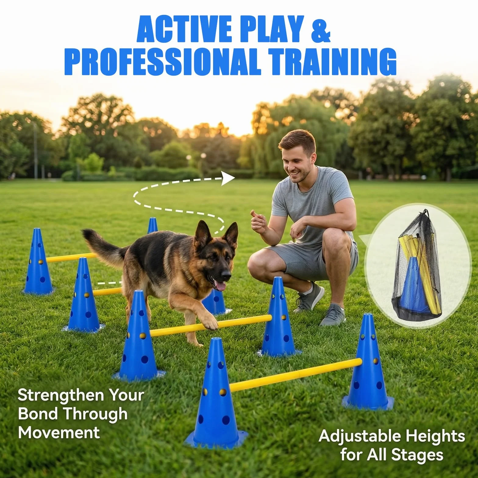 Kit Ostacoli Agility Impilabili, 10 Coni + 5 Barre (80cm) - Ostacoli Regolabili per Addestramento di Coordinazione per Bambini, Cani e Cavalli, Salti per Percorsi Cinofili ed Equitazione