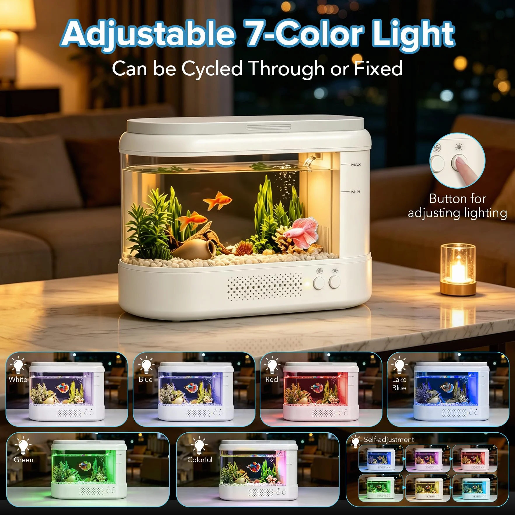 3,7L Mini Acquario Completo,Bianco Acquario in Acrilico con Sistema di Filtraggio e Illuminazione a LED, Piccolo Aquario da Tavolo per Betta,Pesci di Piccole Dimensioni, Piante e Gamberetti