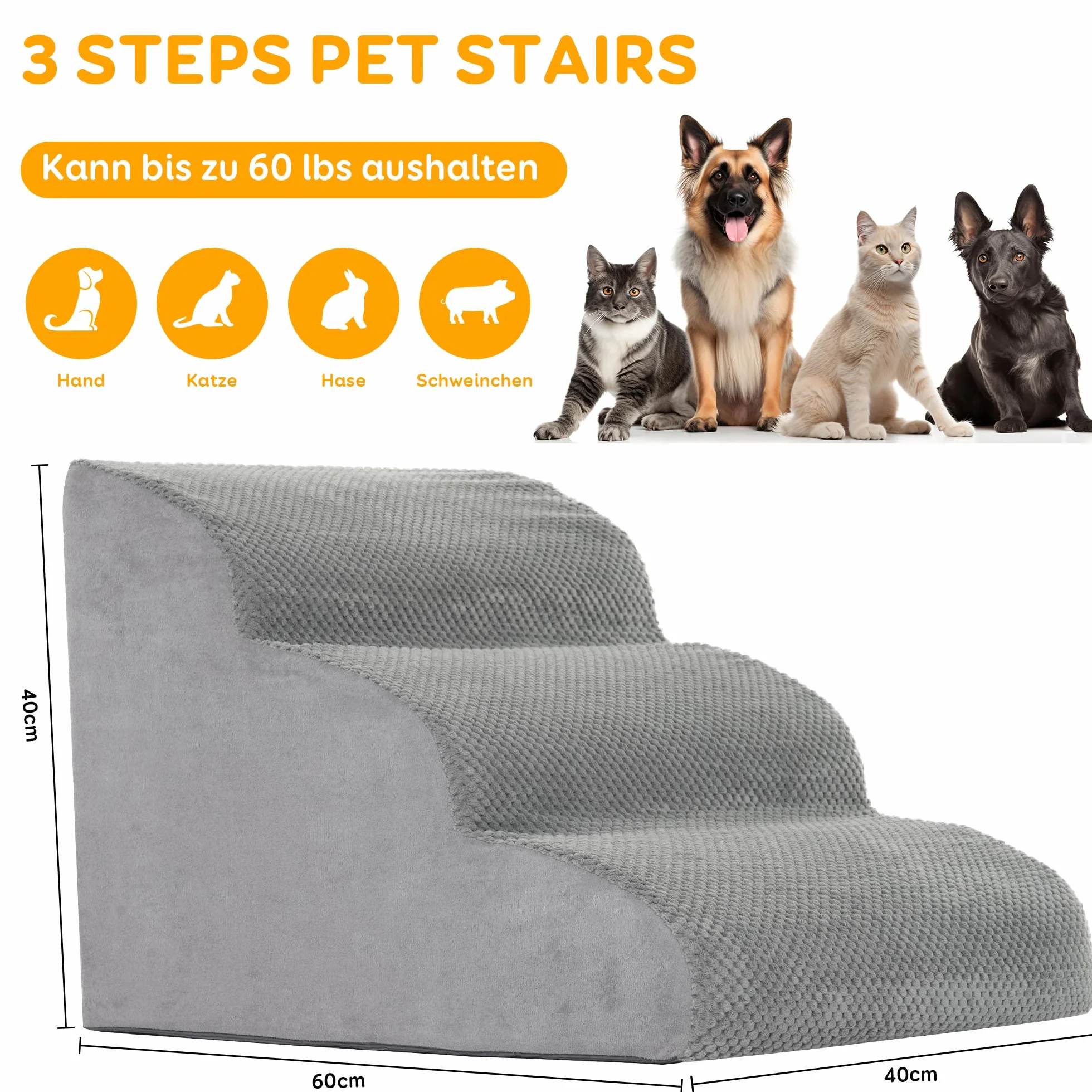 YunNasi Scaletta per cani per letto, rampa antiscivolo per cani, 60 x 40 x 40 cm, scala per cuccioli con schiuma ad alta densità e copertura rimovibile, scale in pendenza delicata per animali