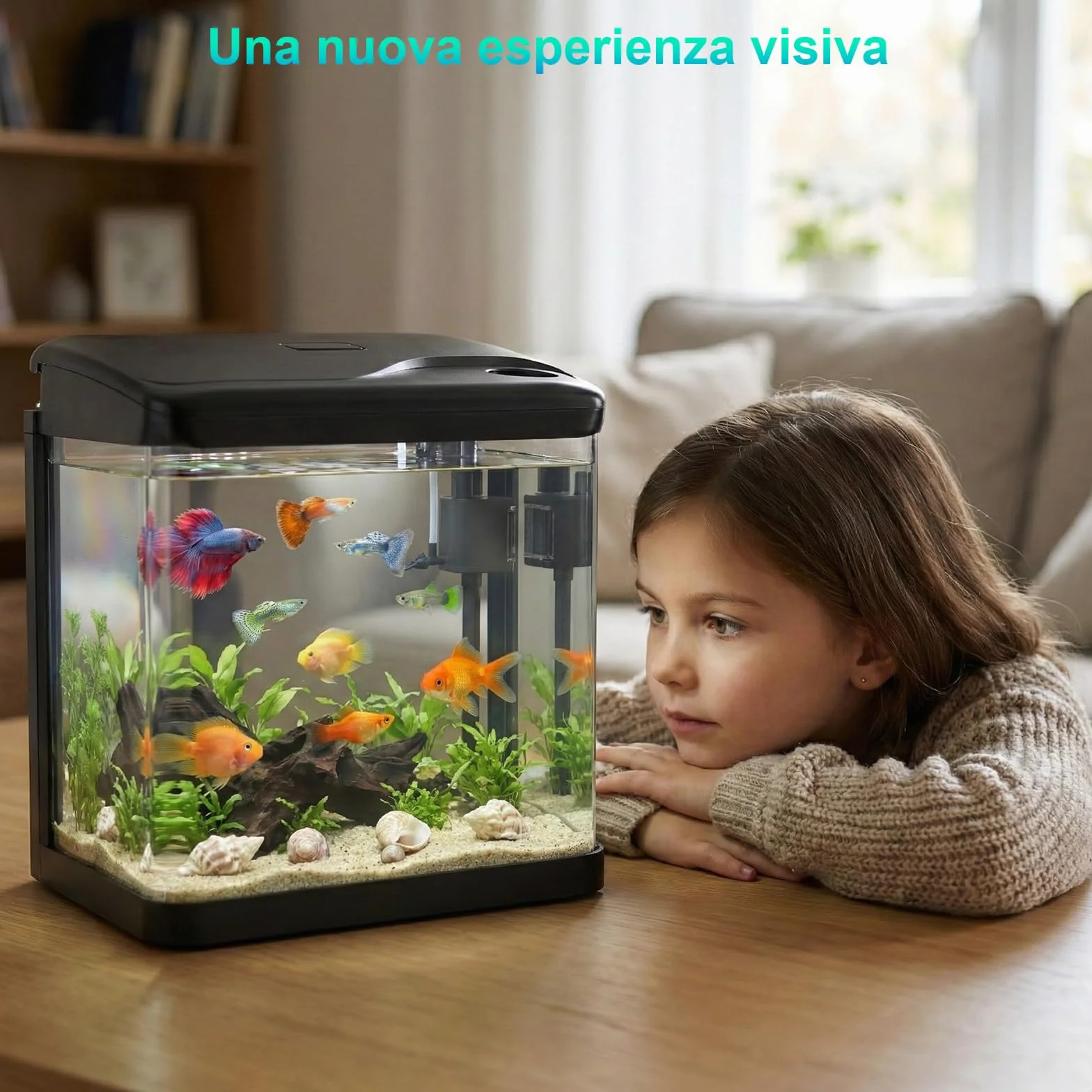 Acquario in Vetro Acquario Completo Acquarios Per Pesci Rossi,con Illuminazione a LED e Sistema di Filtraggio,10 Litri,Nero,Set Per Principianti