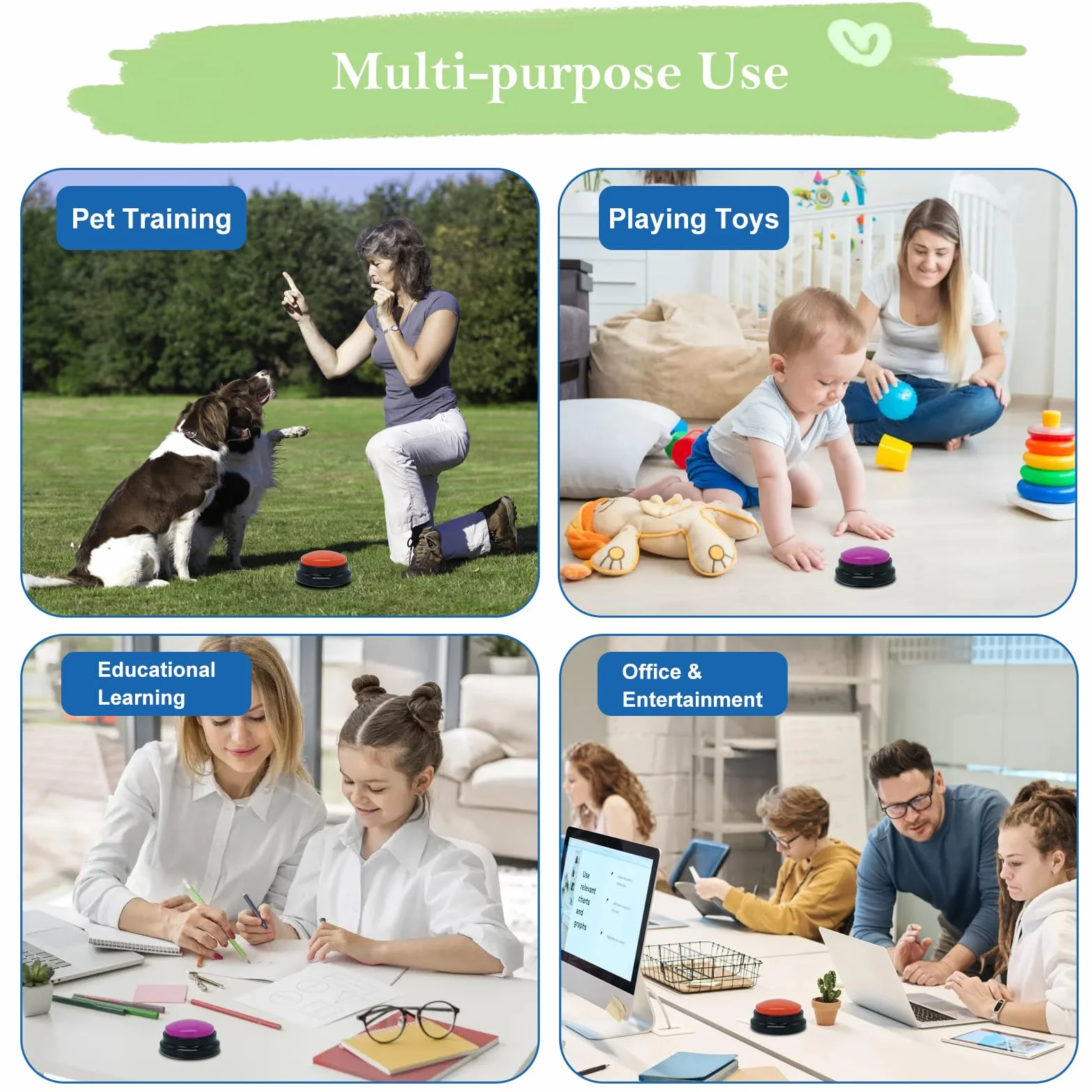 Gelabur Set di 2 pulsanti per comunicazione, registrabili vocalmente, per l'addestramento del cane, per imparare a parlare, per animali domestici, strumenti per parlare facilmente
