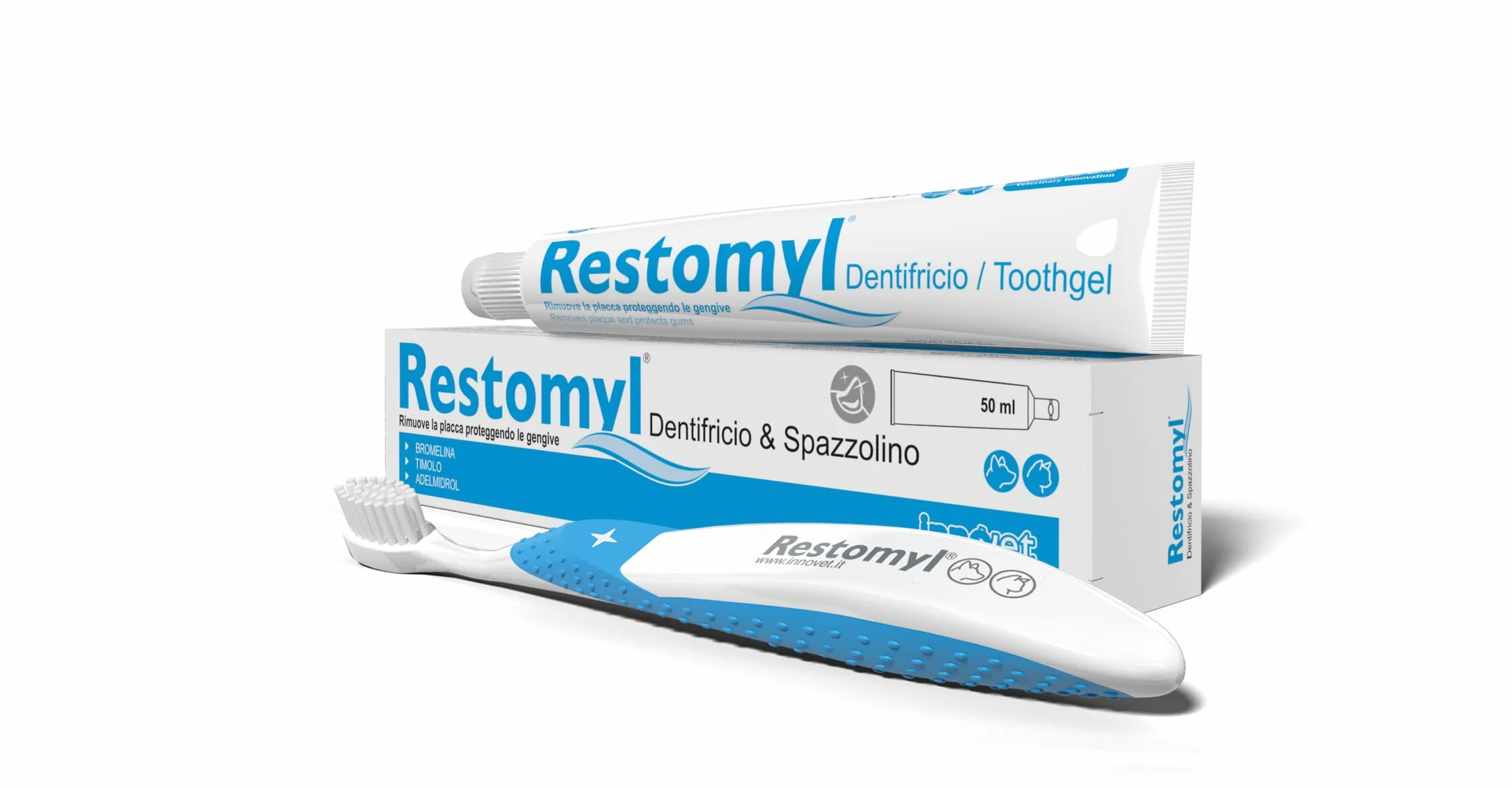 Restomyl Dentifricio per Cani e Gatti, Rimuove la Placca e Protegge le Gengive, Antibatterico e Sbiancante con Spazzolino Extra Soft