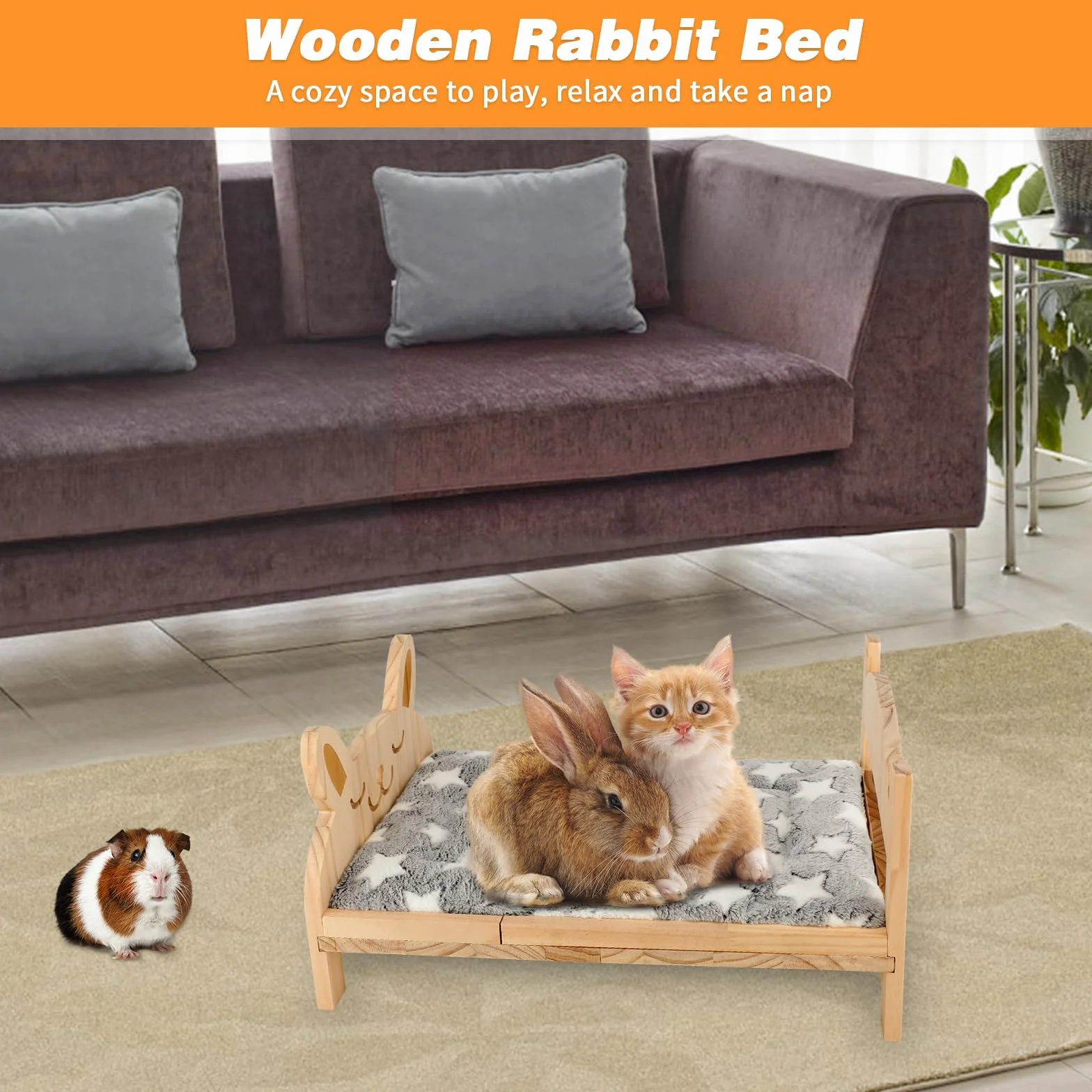 Grande letto in legno con tappetino morbido, letto pieghevole 2 in 1 per conigli, porcellini d'India, criceti, furetti, cincillà, gattini, cuccioli, lettini che dormono e dormono per