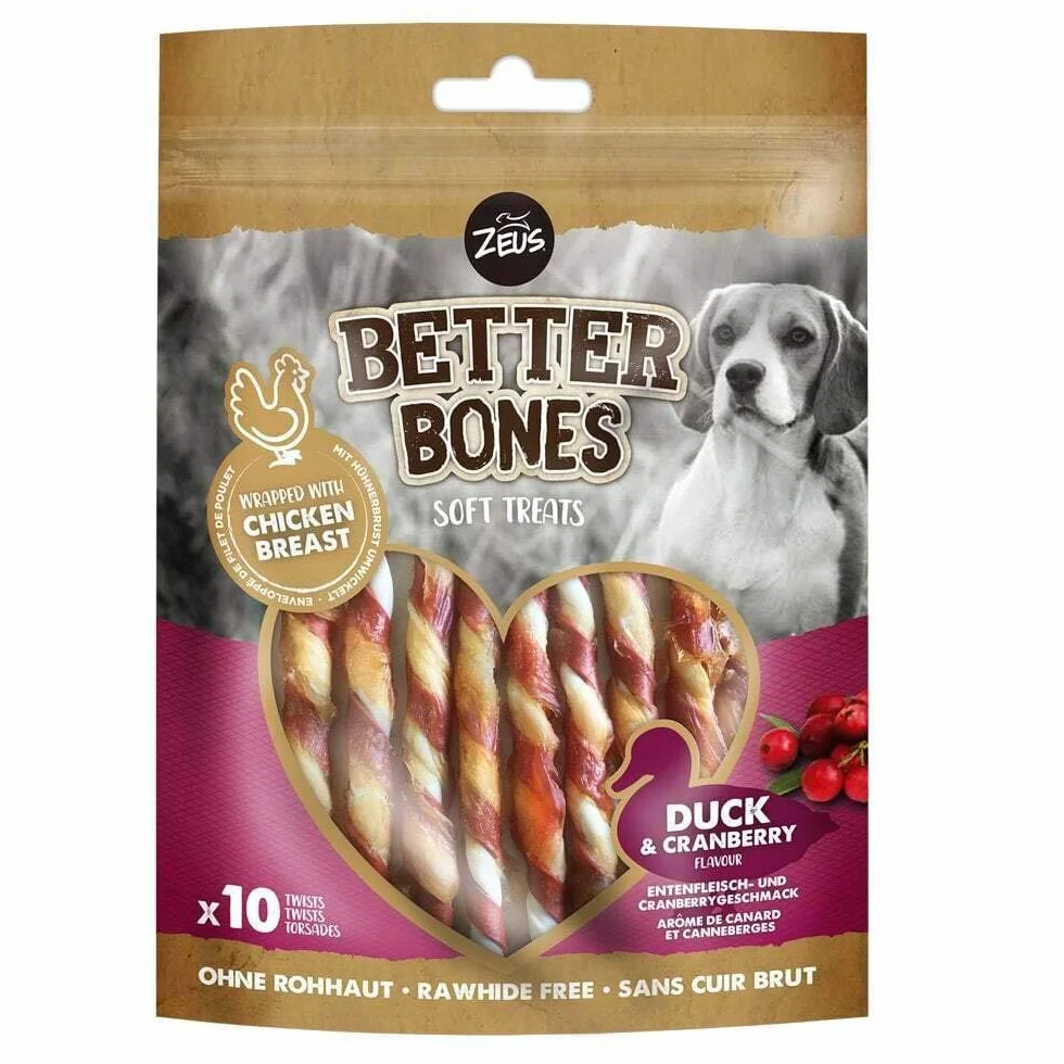 Zeus BetterBones, bastoncini da masticare ritorti per cani, con carne d'anatra e mirtillo rosso, 10 cm