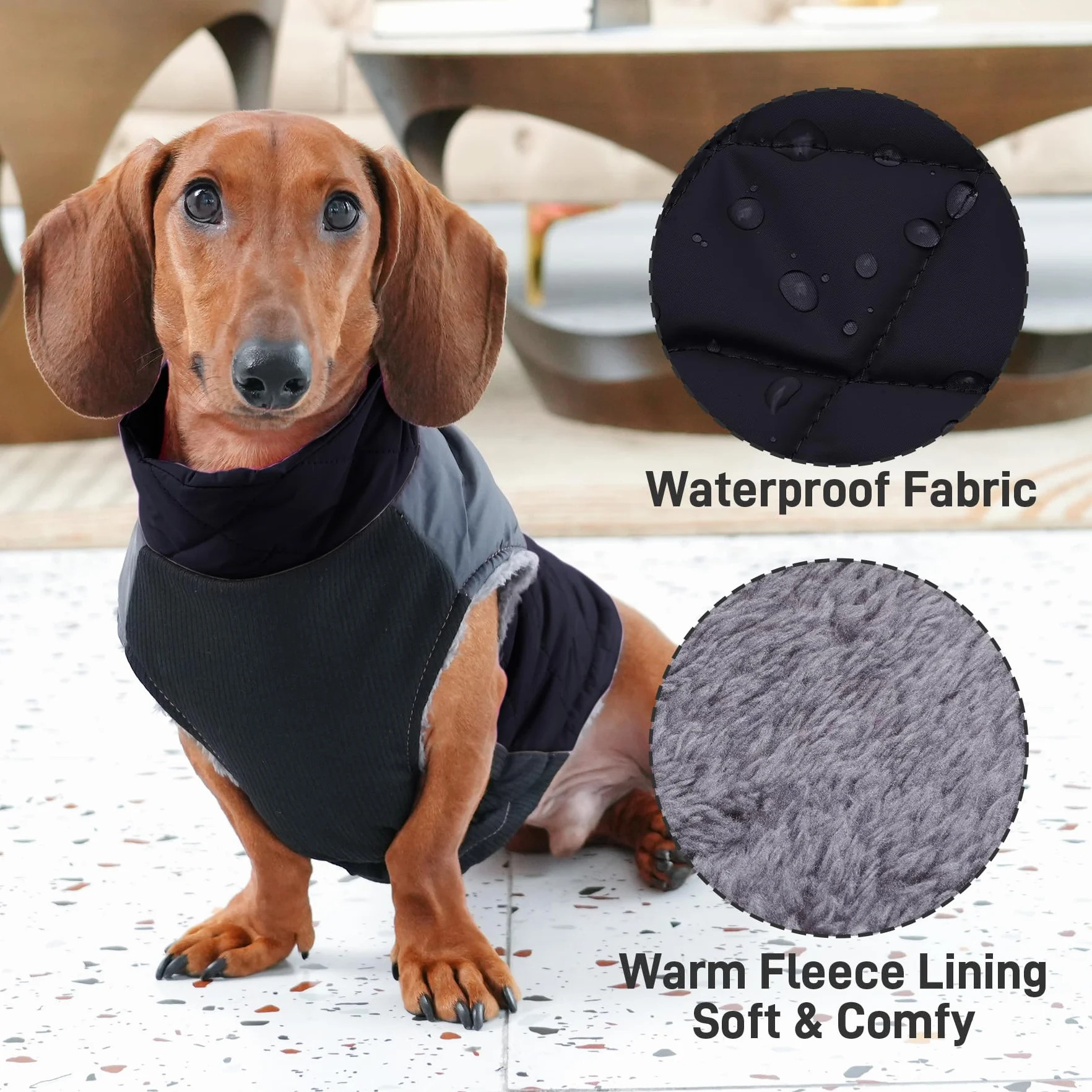 JoyDaog - Cappottino per cani di piccola taglia, impermeabile, in pile caldo, per cuccioli, per l’inverno freddo, con anelli a D, nero, M