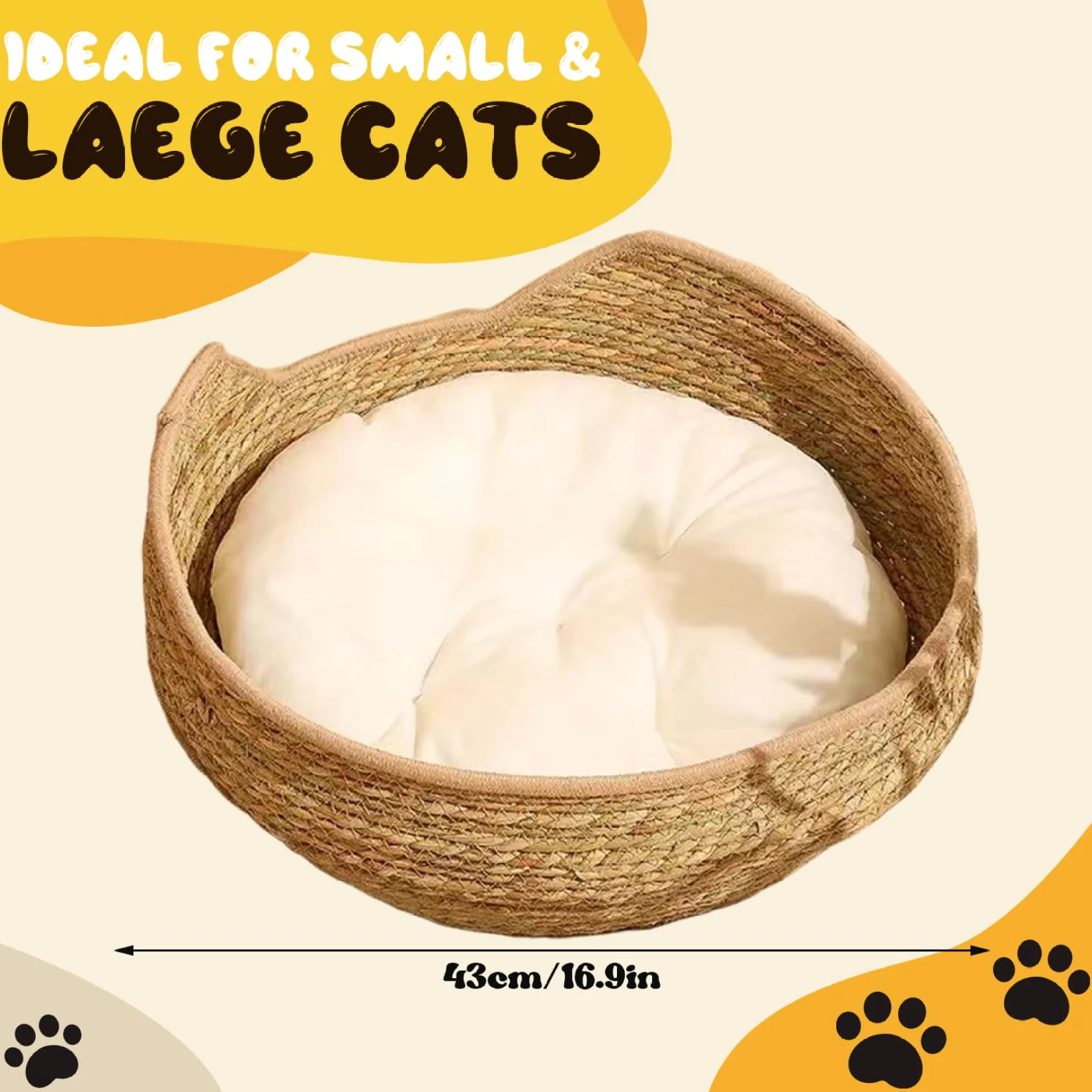Cuccia per gatti rotonda in rattan da 17 pollici con cuscino in cotone lavabile