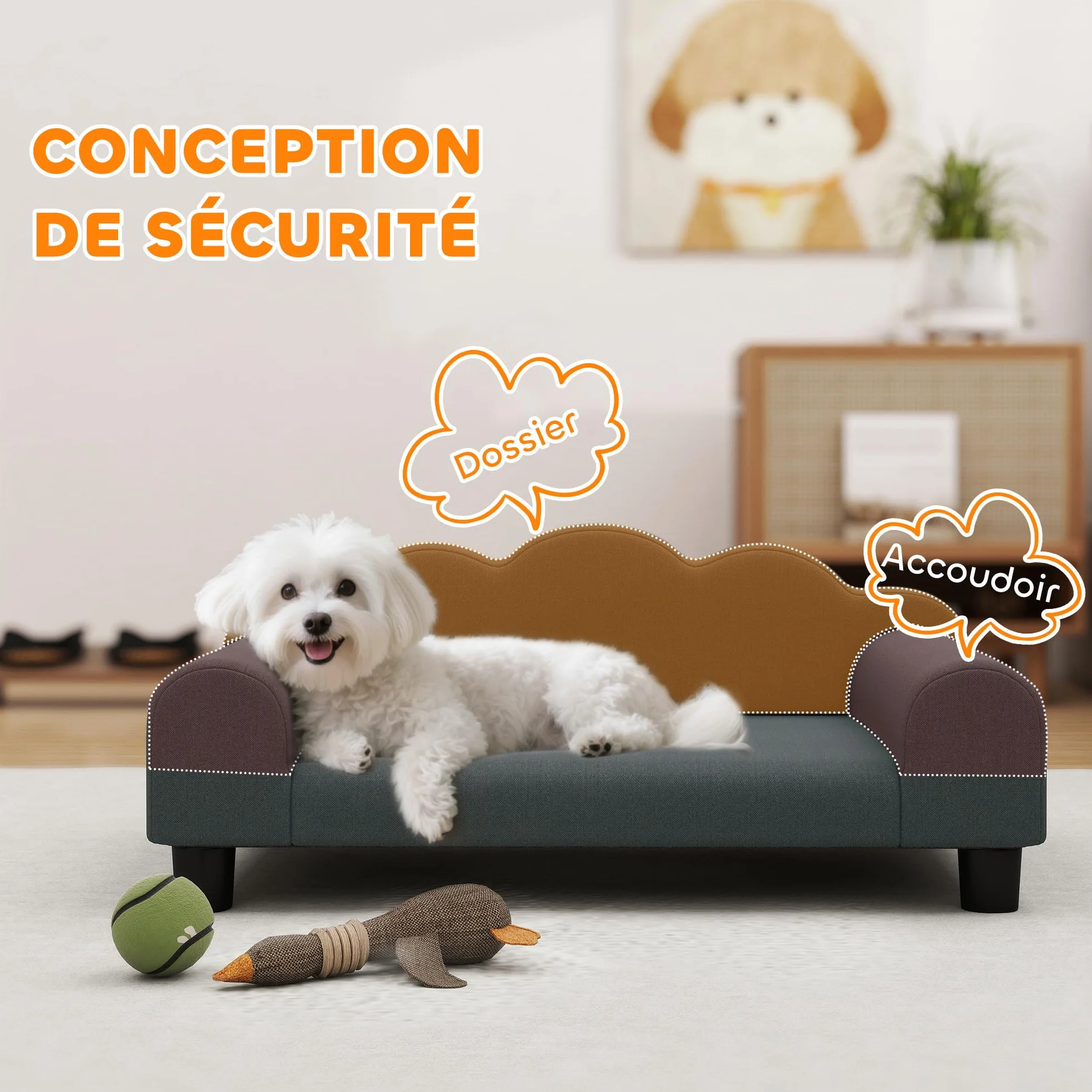 PawHut - Divano per Cani, Divano per Animali Domestici con Schienale e Braccioli, Traspirante, per Piccoli Cani da Interno, 66 x 42 x 28,5 cm, Grigio Scuro