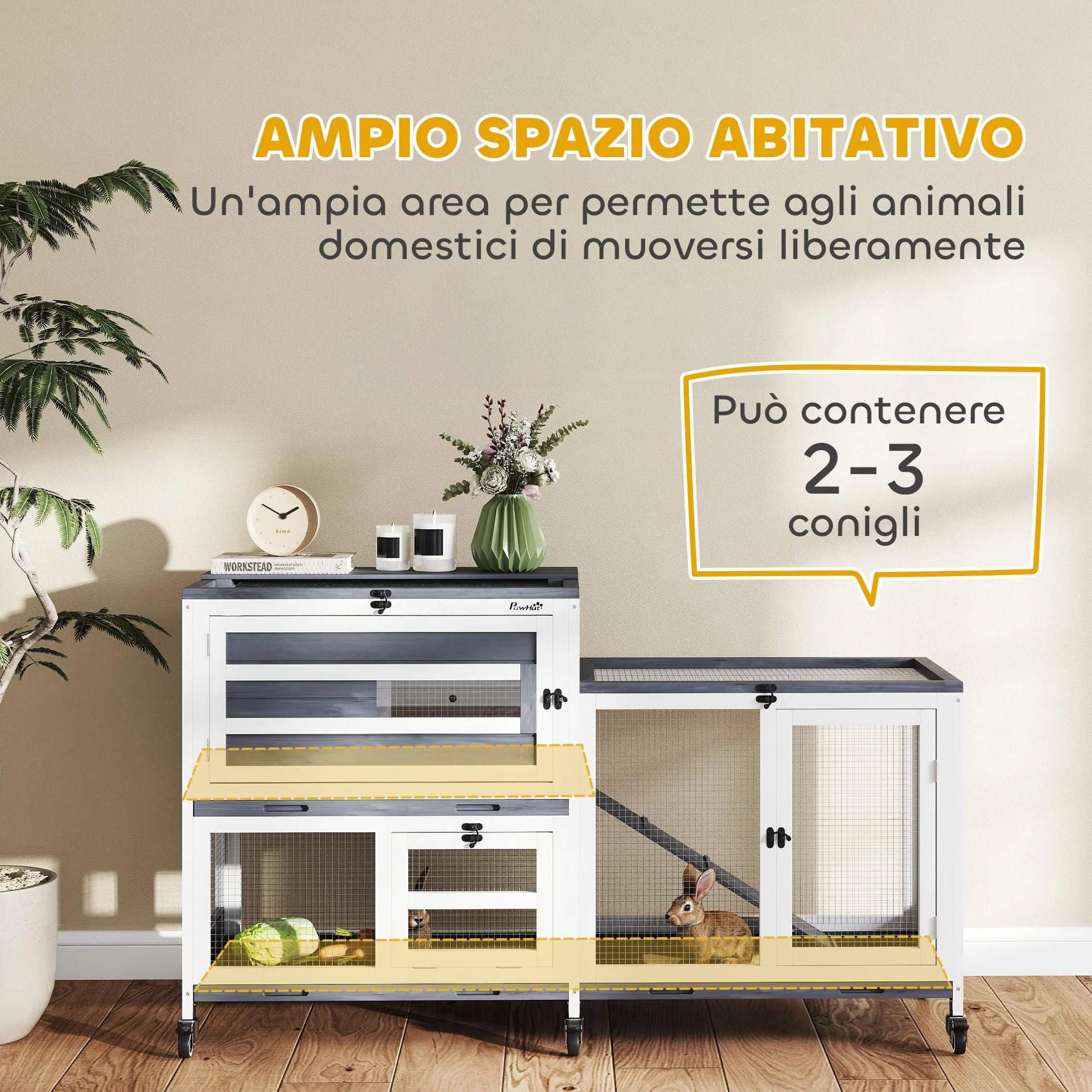 PawHut Conigliera da Interno a 2 Livelli, Gabbia per 2-3 Conigli con 6 Ruote, Rampa, Tetto Apribile, Area Aperta e 3 Vassoi, Cassetta per Conigli in Legno di Abete, 147x45x89.5 cm, Grigio