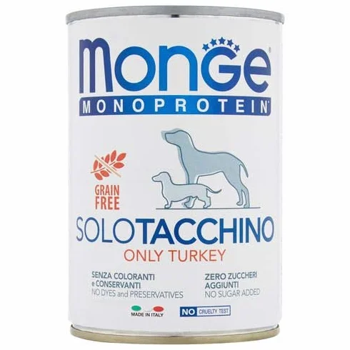 Monge Monoproteico Solo Tacchino Alimento Umido per Cani 12 X 400gr