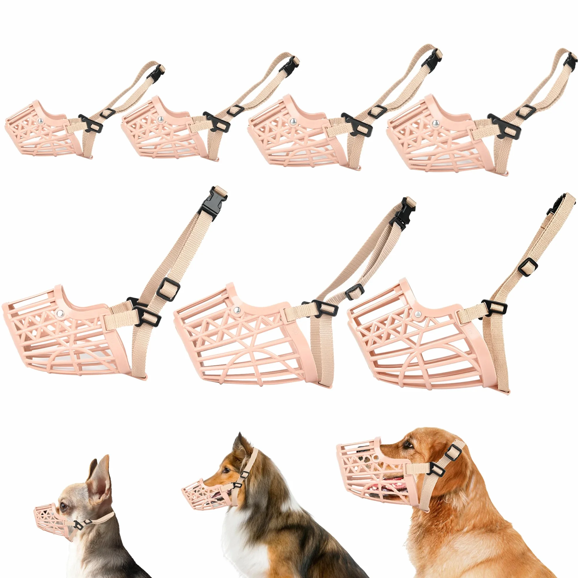 7 pezzi / set museruola in plastica per cani, maschere per cestini per animali domestici regolabili anti-morso, traspiranti e confortevoli