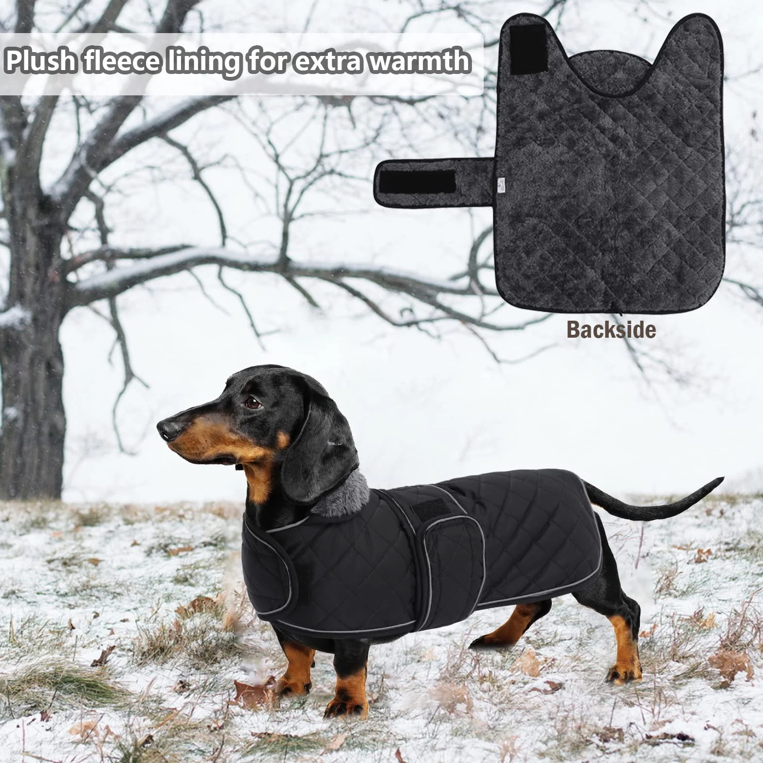 Geyecete - Cappotto Invernale termico trapuntato per cane bassotto,con fodera in pile caldo, abbigliamento per cani da esterno con foro per Imbracatura,Giacca per cani piccola y media-Nero-S
