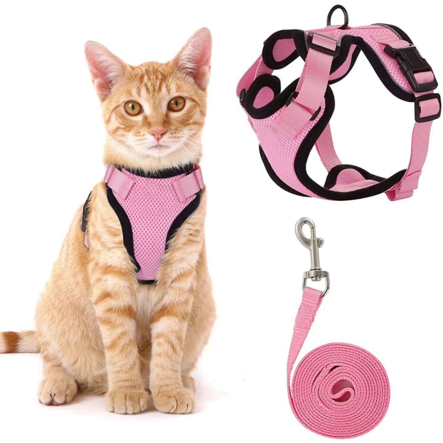 Cat Harness Mesh Traspirante Regolabile Riflettente Guinzaglio per Gatti Cuccioli (S, Rosa)