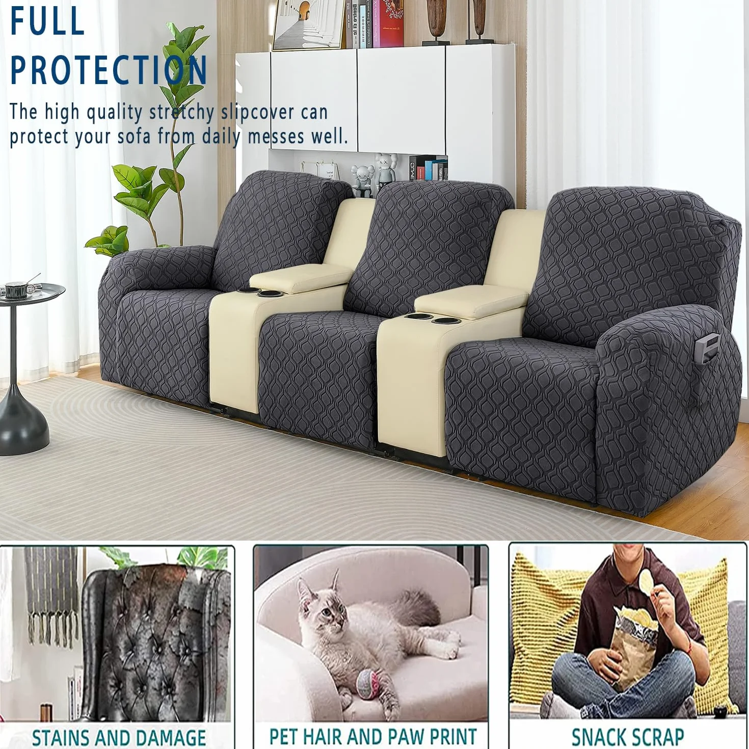 OKYUK Fodera per Poltrona Relax 3 Posti, Alta Elasticità e Antimacchia, Protezione da Animali e Bambini, Copertura Antiscivolo con Tasche, Estraibile e Lavabile (grigio scuro, 3 posti)
