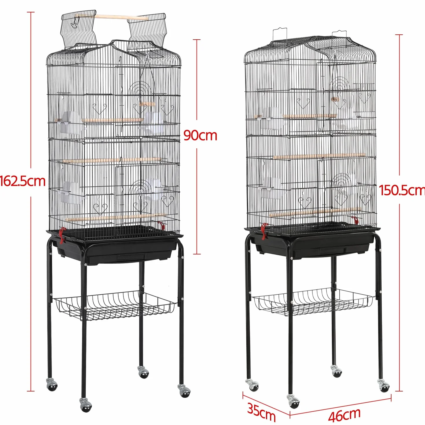 Yaheetech Gabbia Voliera per Uccelli Pappagalli Inseparabili Calopsite Parrochetti in Metallo con Piedistallo Ruote e Tetto Apribile 46 x 35 x 150,5 cm Nera