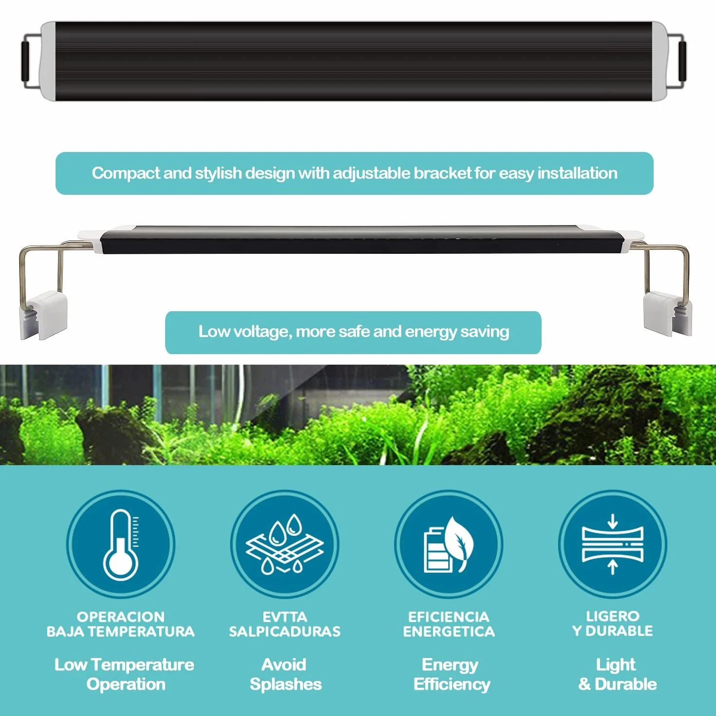 BPS Aquarium LED Light 15W Lampada per acquario 4000K impermeabile con staffa estensibile