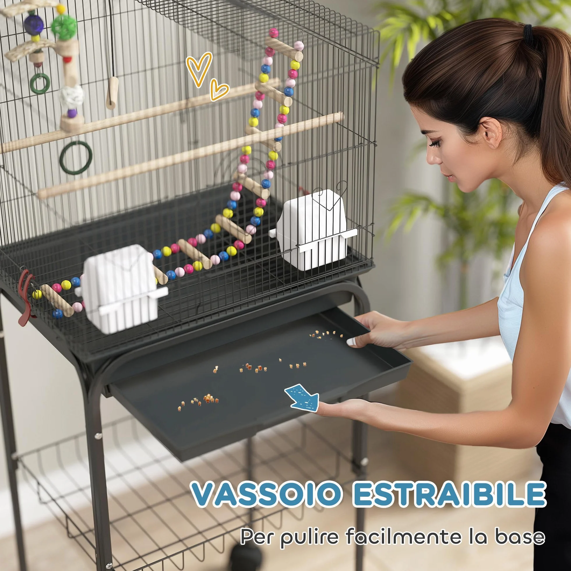 PawHut Gabbia per Uccelli con Piedistallo, Voliera con Ripiano a Rete e 4 Ruote Girevoli, Gabbietta con Altalena, Ciotole e Giochi, 46x36x120 cm, Nero