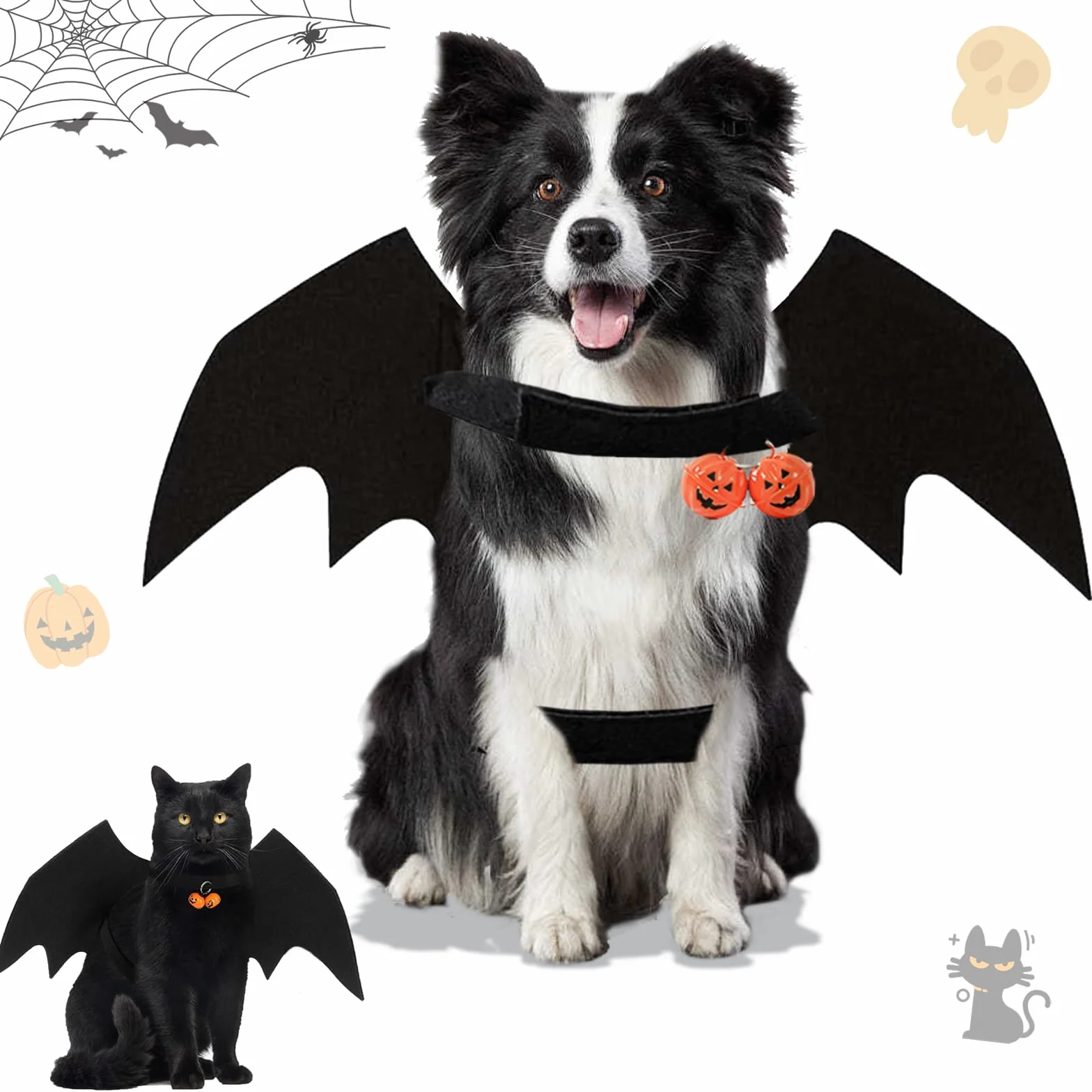 Costume da Pipistrello Halloween per Cane Gatto Nero Regolabile con Campana