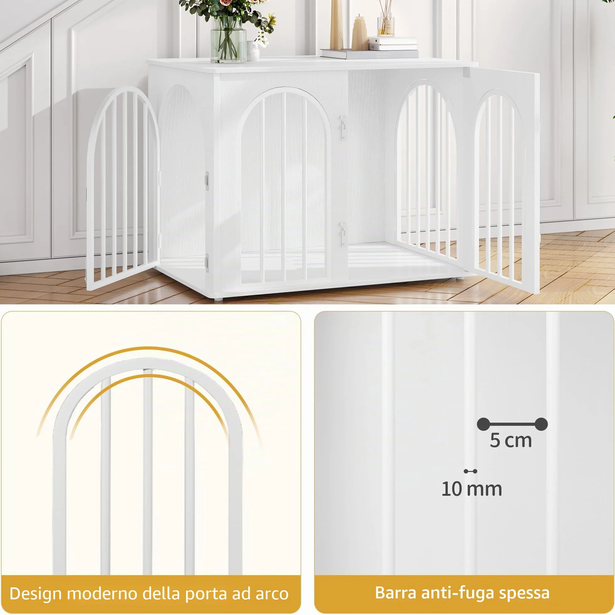 Hzuaneri 80 cm Gabbia per Cani, Tavolo Supplemento, Cuccia Moderna per Cani Interno, Gabbia per Cuccioli, Casetta per Animali, 3 Porte, Porta ad Arco, 56 x 80 x 61 cm, Bianco DFC85113W