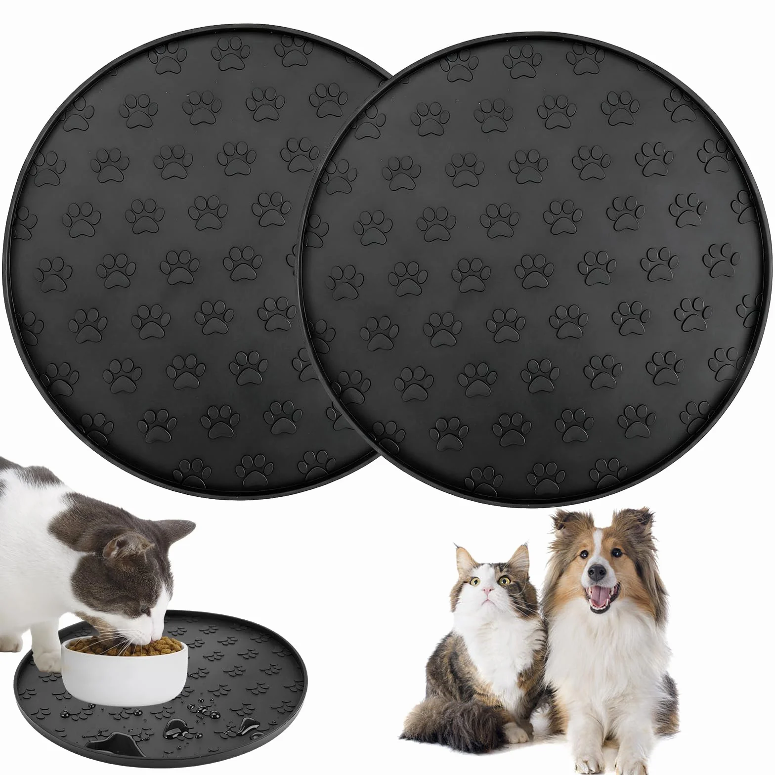2 Pezzi Nero Sottociotola per Cani, 27,5x27,5x1cm Rotondo Tappetino Ciotole Gatto, Tappetino Ciotola Cane Antiscivolo, Impermeabile Tappetini Sottociotola, per Animali Domestici Medi e Piccoli