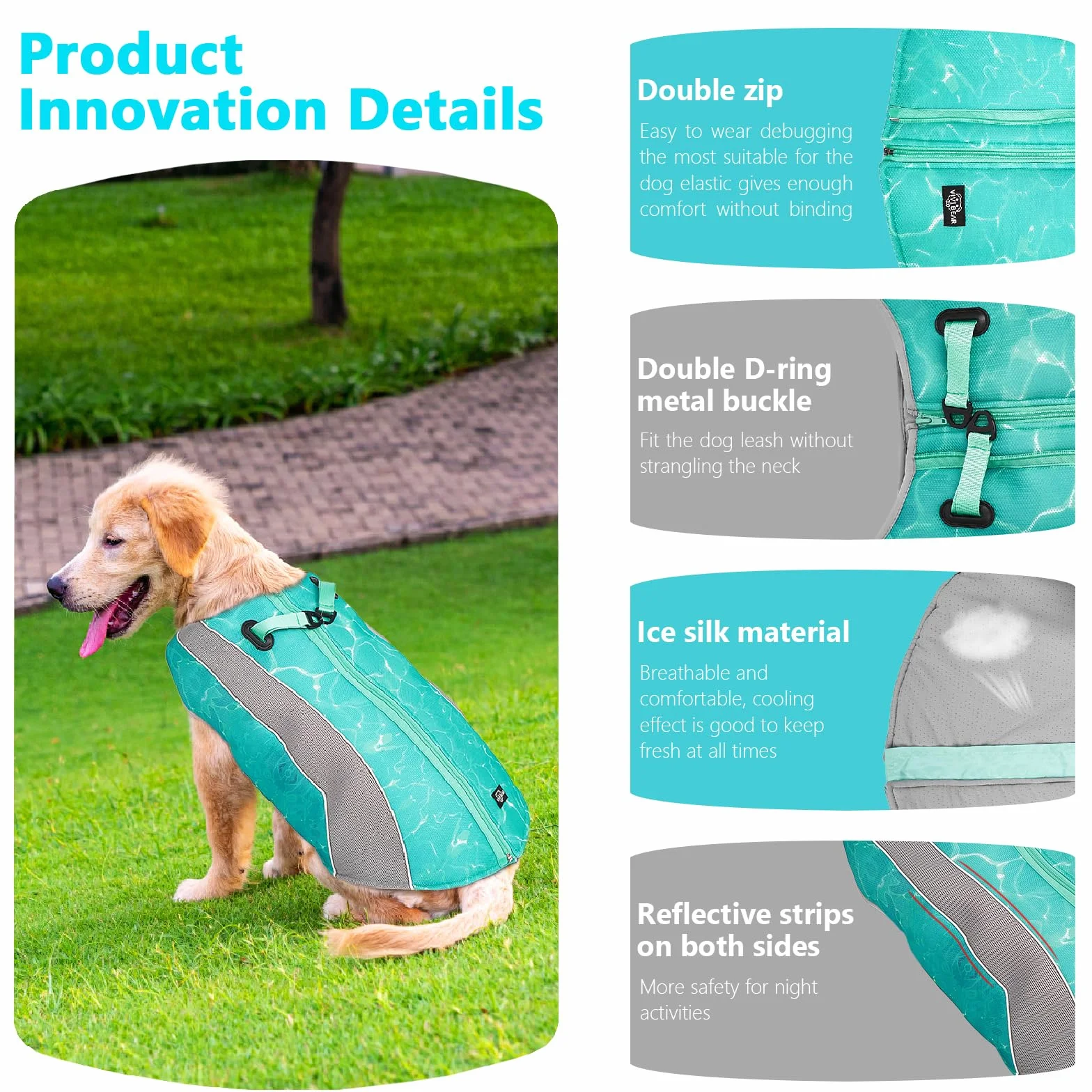 Gilet Rinfrescante Cani Pettorina Refrigerante Cane da Compagnia con Striscia Riflettente di Sicurezza e Cerniera Regolabile Efficace Evaporativo Cappotto Refrigerante Cane All'aperto(Verde S)
