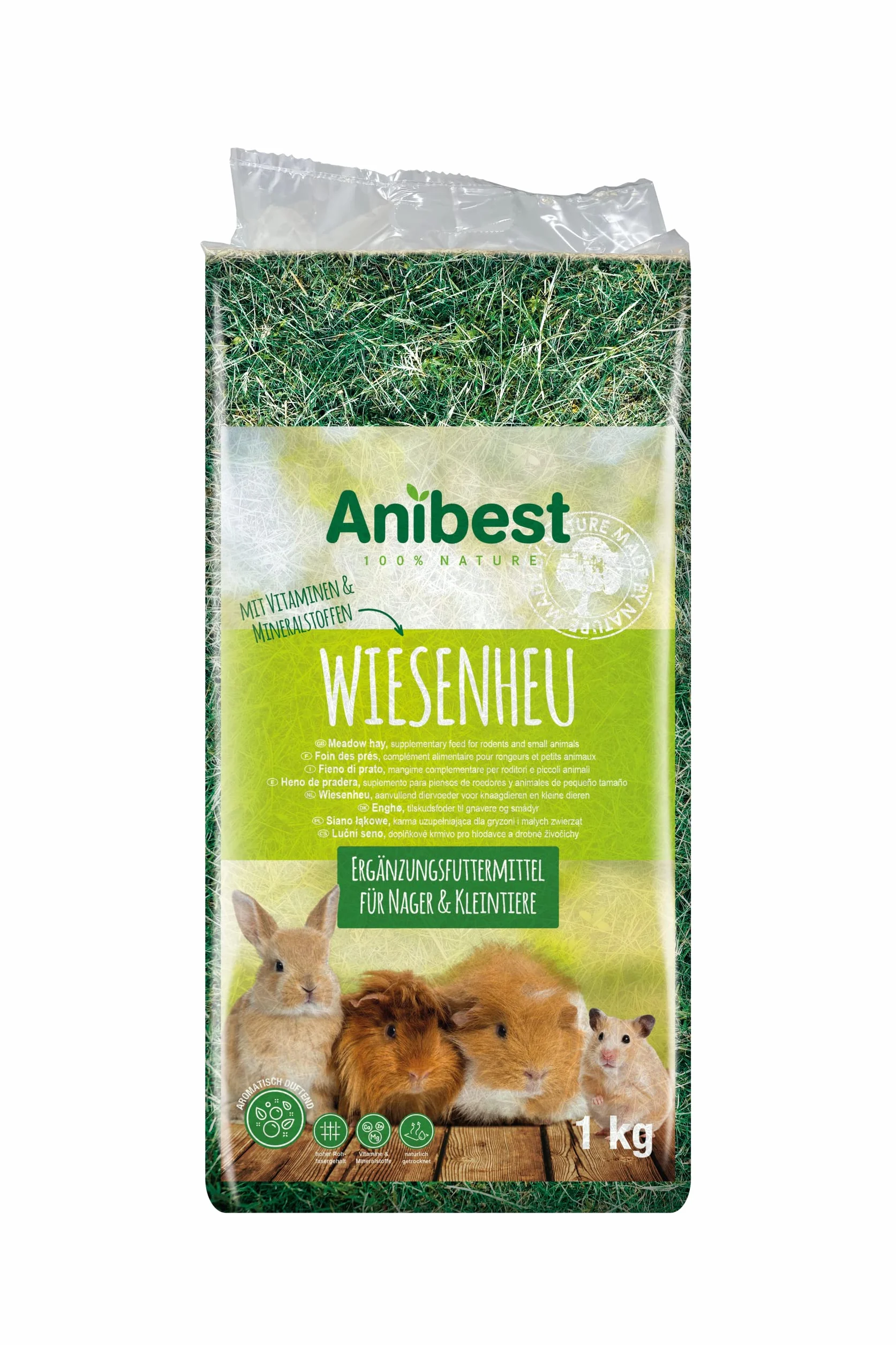 Anibest Fieno di prato naturale al 100% per conigli, criceti, cavie e altri roditori e piccoli animali, prodotto in Germania, 1 kg