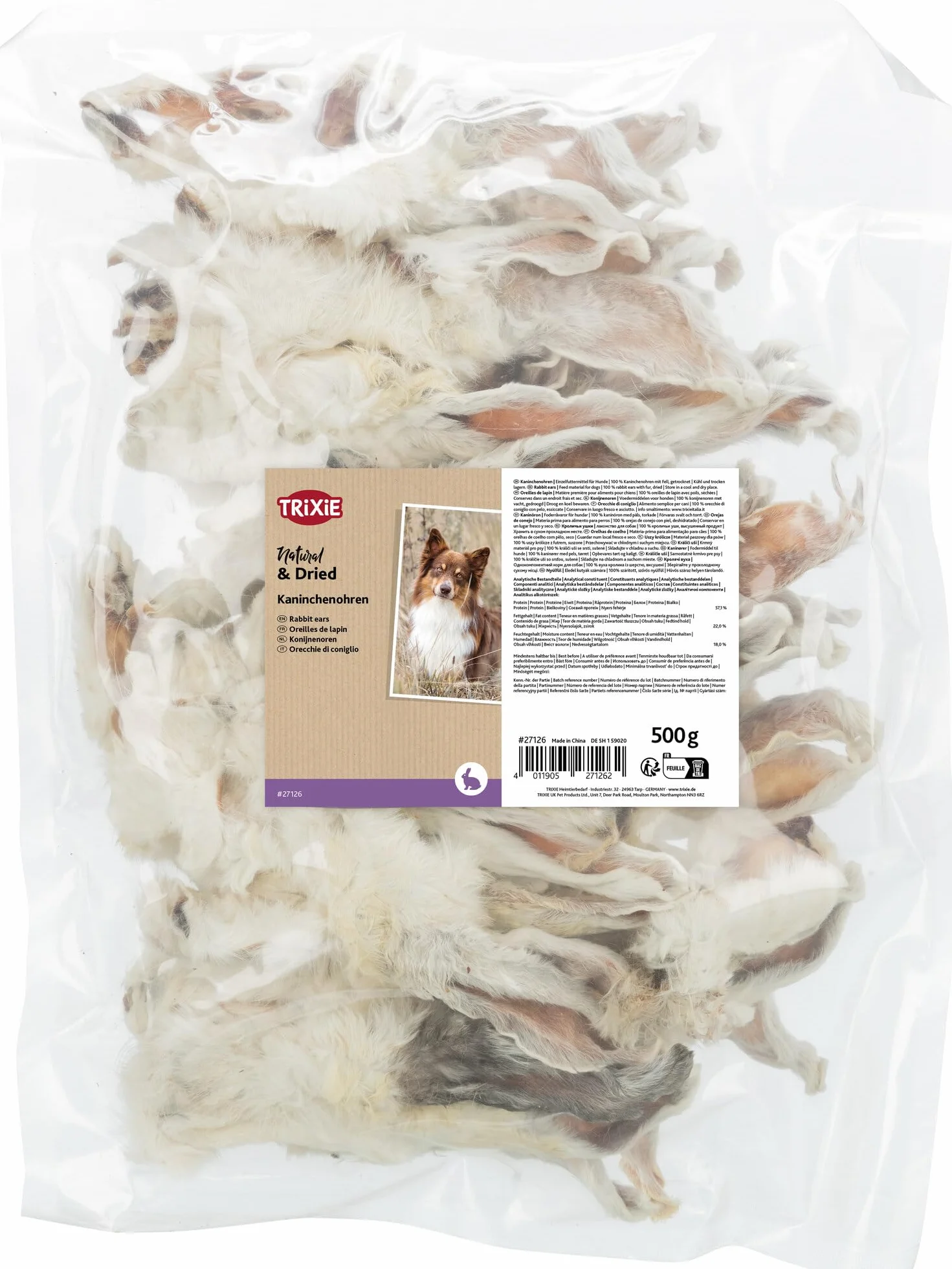 TRIXIE orecchie di coniglio con pelo snack per cani – 500 g – snack naturale monoproteico – ricco di proteine & povero di grassi – ideale per cani con sensibilità alimentari