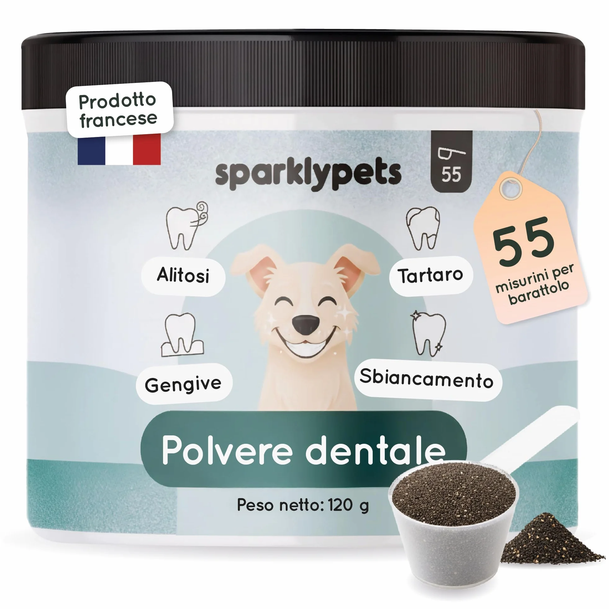 Polvere Dentale per Cani SparklyPets - Detergente Anti Tartaro e Placca, Sbiancamento Denti, Alito Cattivo, Gengive - 120 g